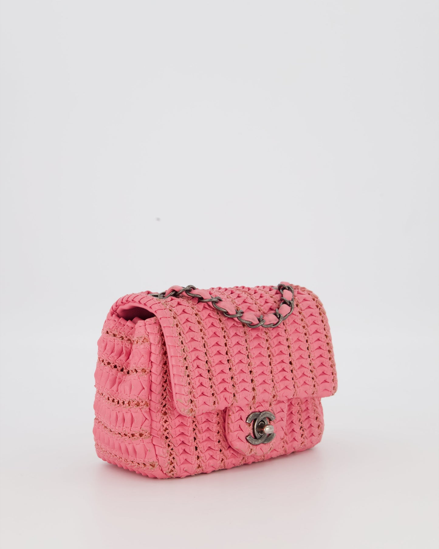 Chanel Pink Crochet Lambskin Leather Mini Rectangular Single Flap Bag with Gun Metal Hardware
