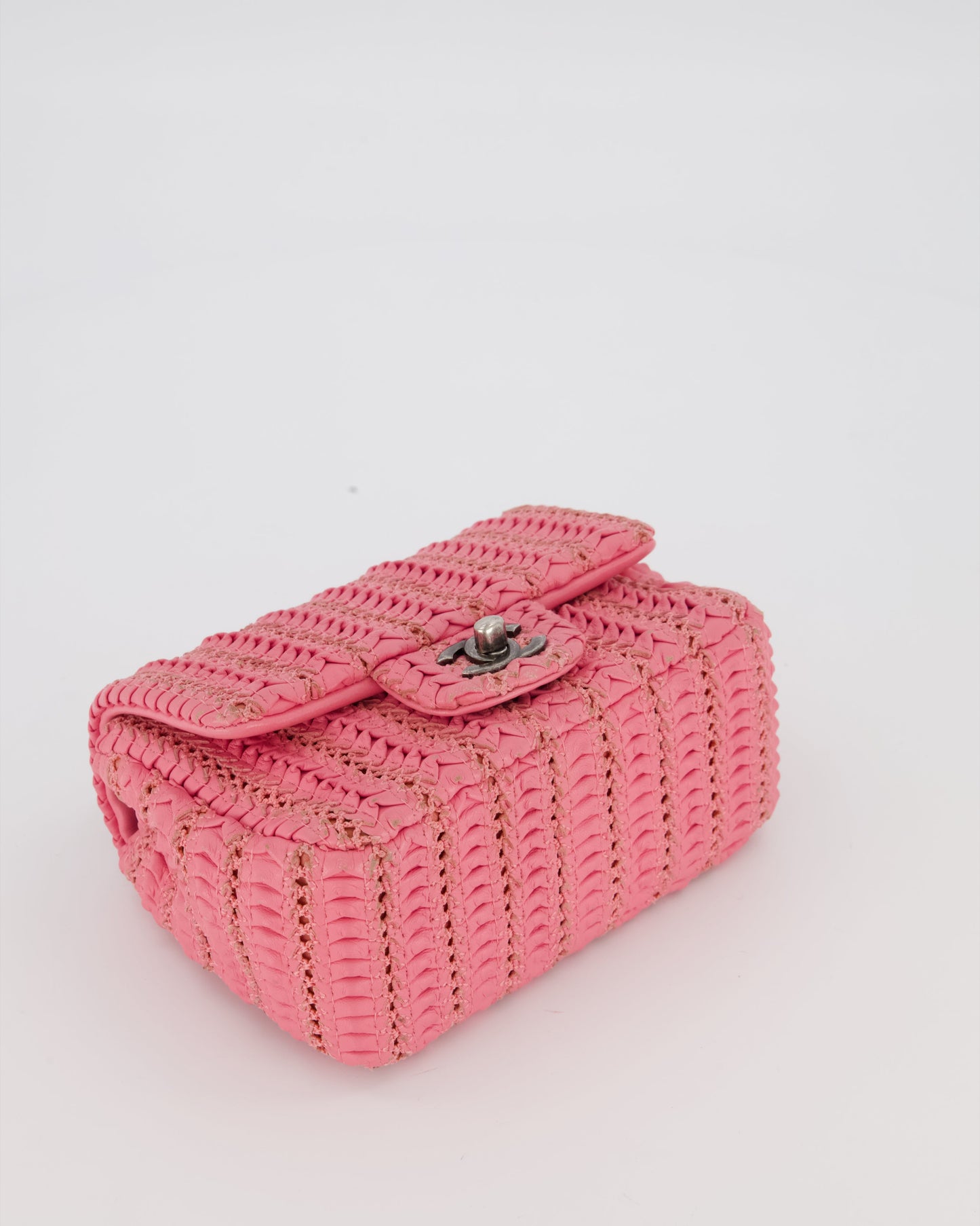 Chanel Pink Crochet Lambskin Leather Mini Rectangular Single Flap Bag with Gun Metal Hardware