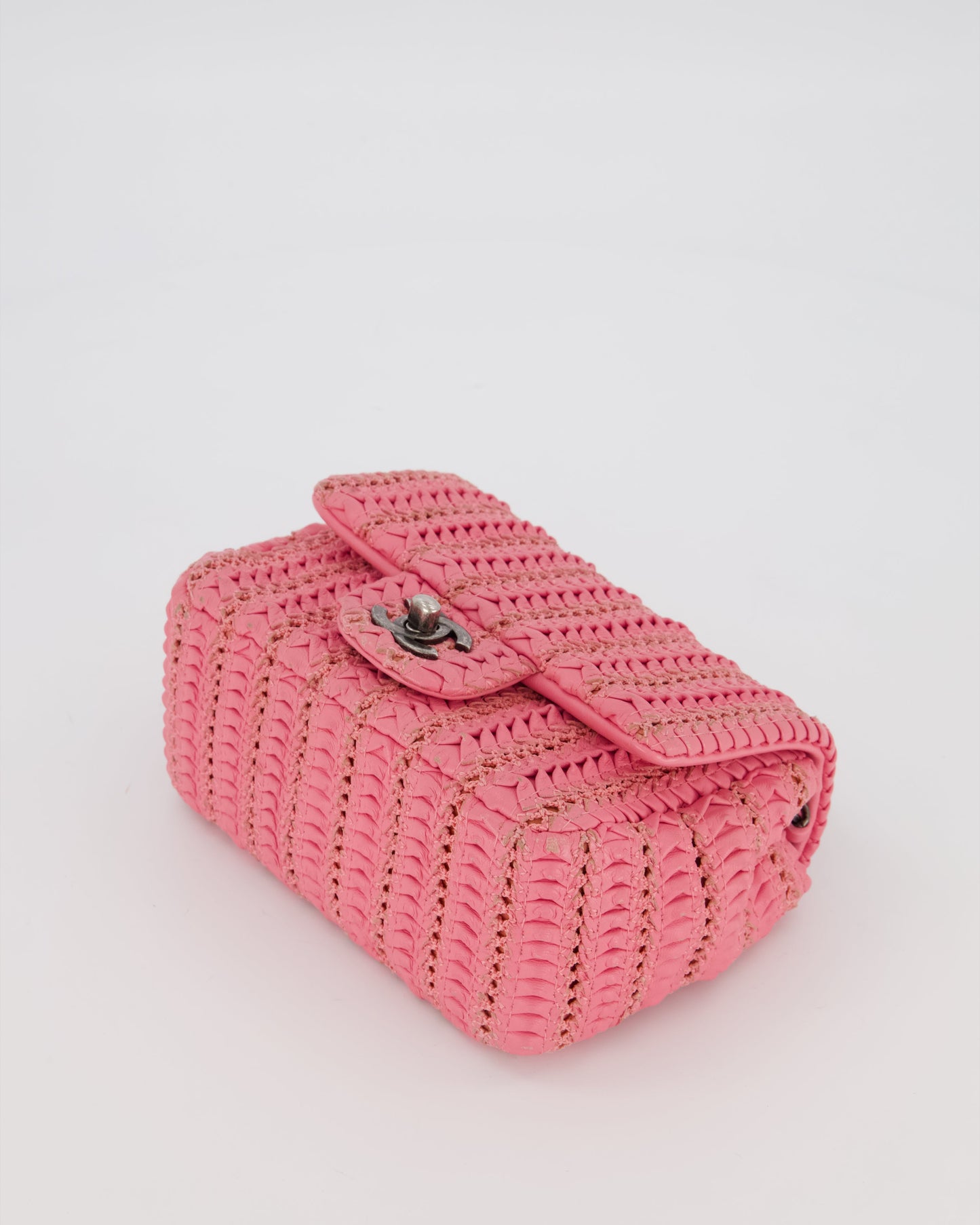 Chanel Pink Crochet Lambskin Leather Mini Rectangular Single Flap Bag with Gun Metal Hardware