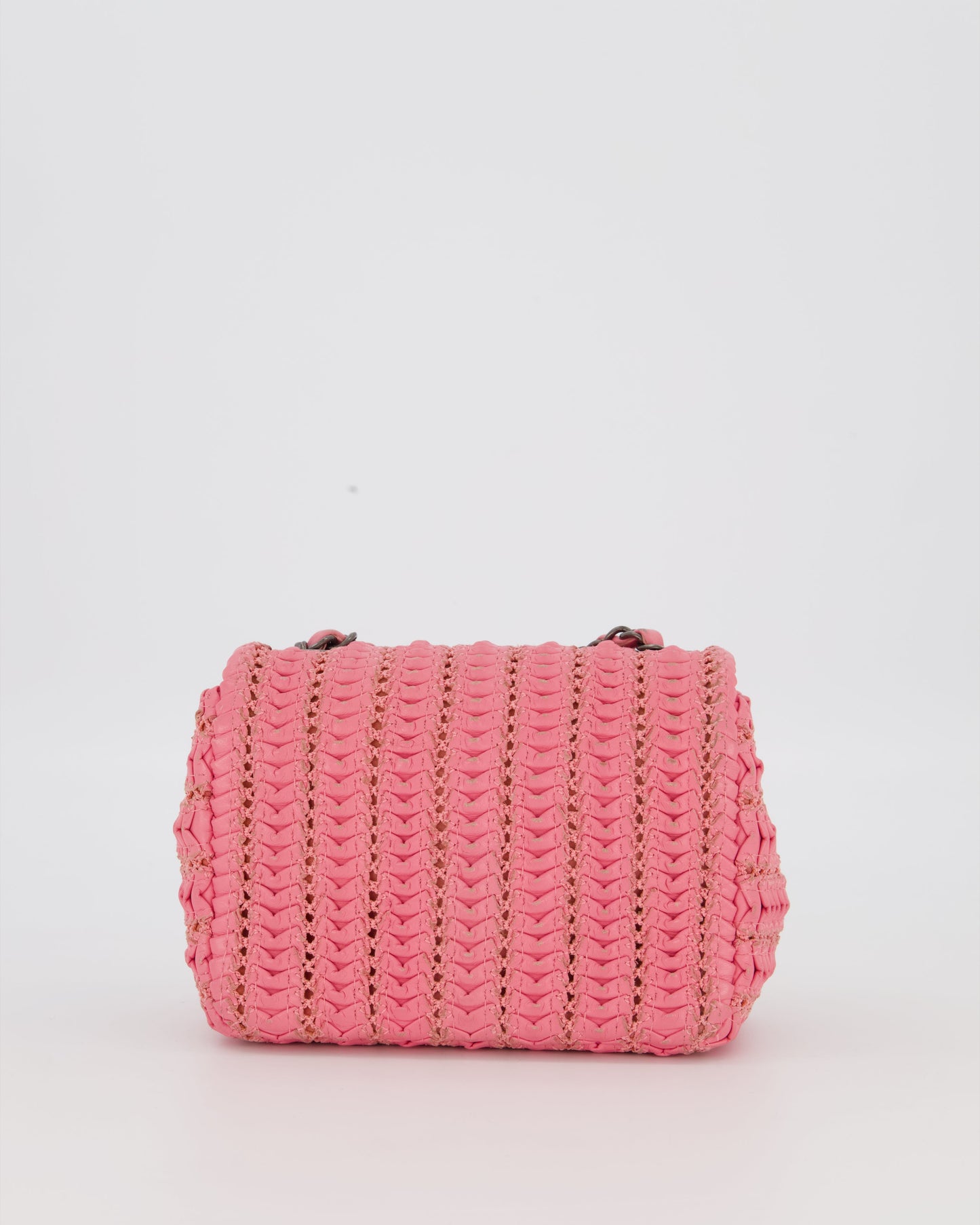 Chanel Pink Crochet Lambskin Leather Mini Rectangular Single Flap Bag with Gun Metal Hardware