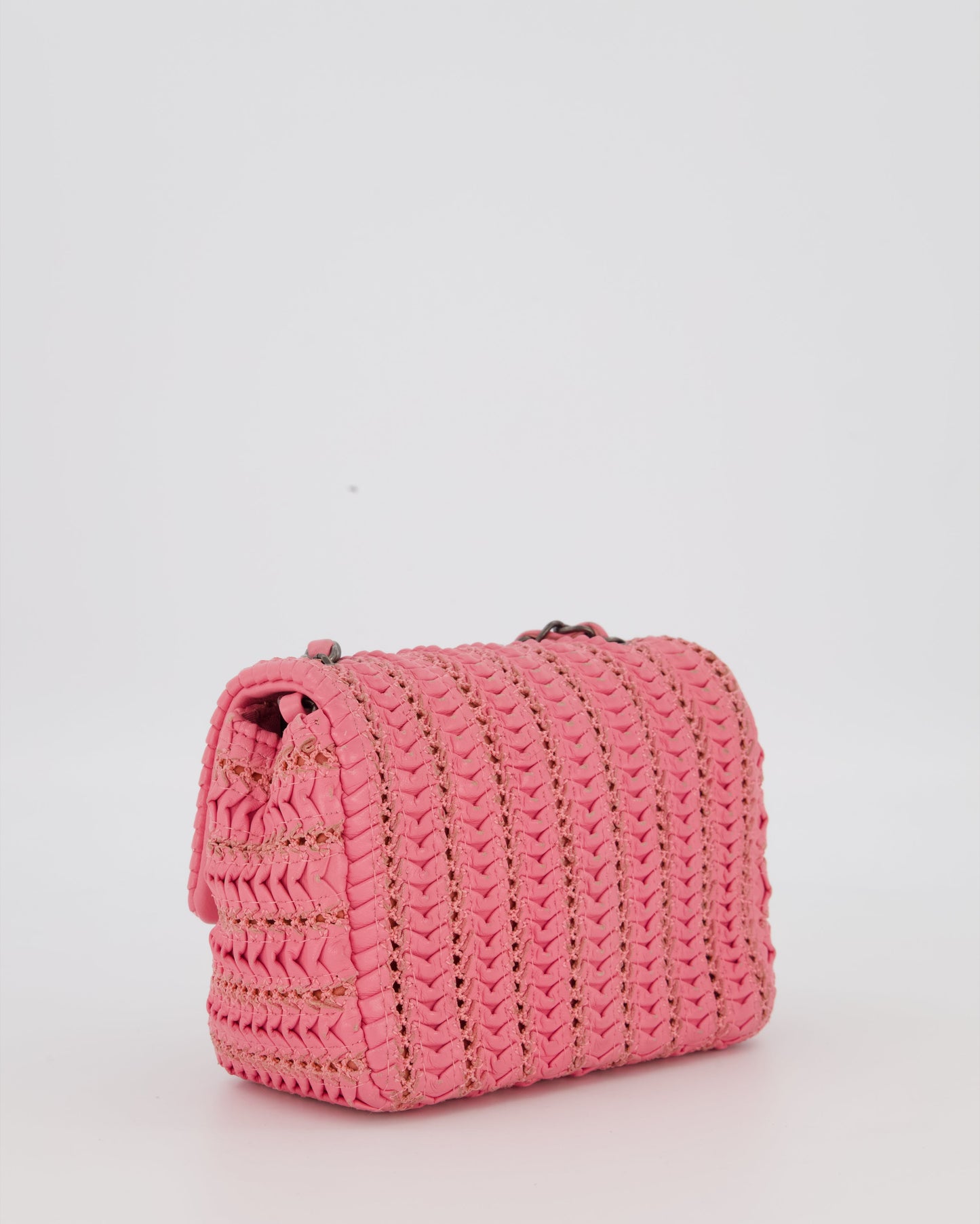 Chanel Pink Crochet Lambskin Leather Mini Rectangular Single Flap Bag with Gun Metal Hardware