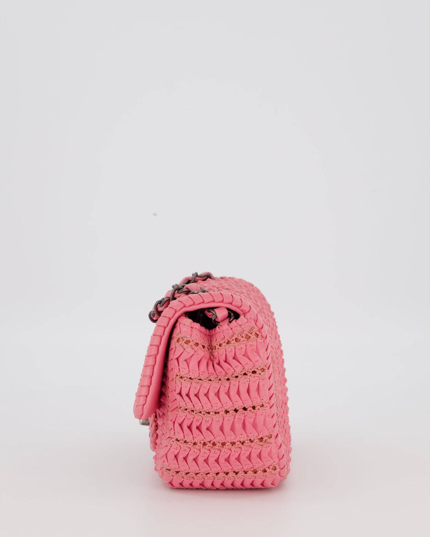 Chanel Pink Crochet Lambskin Leather Mini Rectangular Single Flap Bag with Gun Metal Hardware