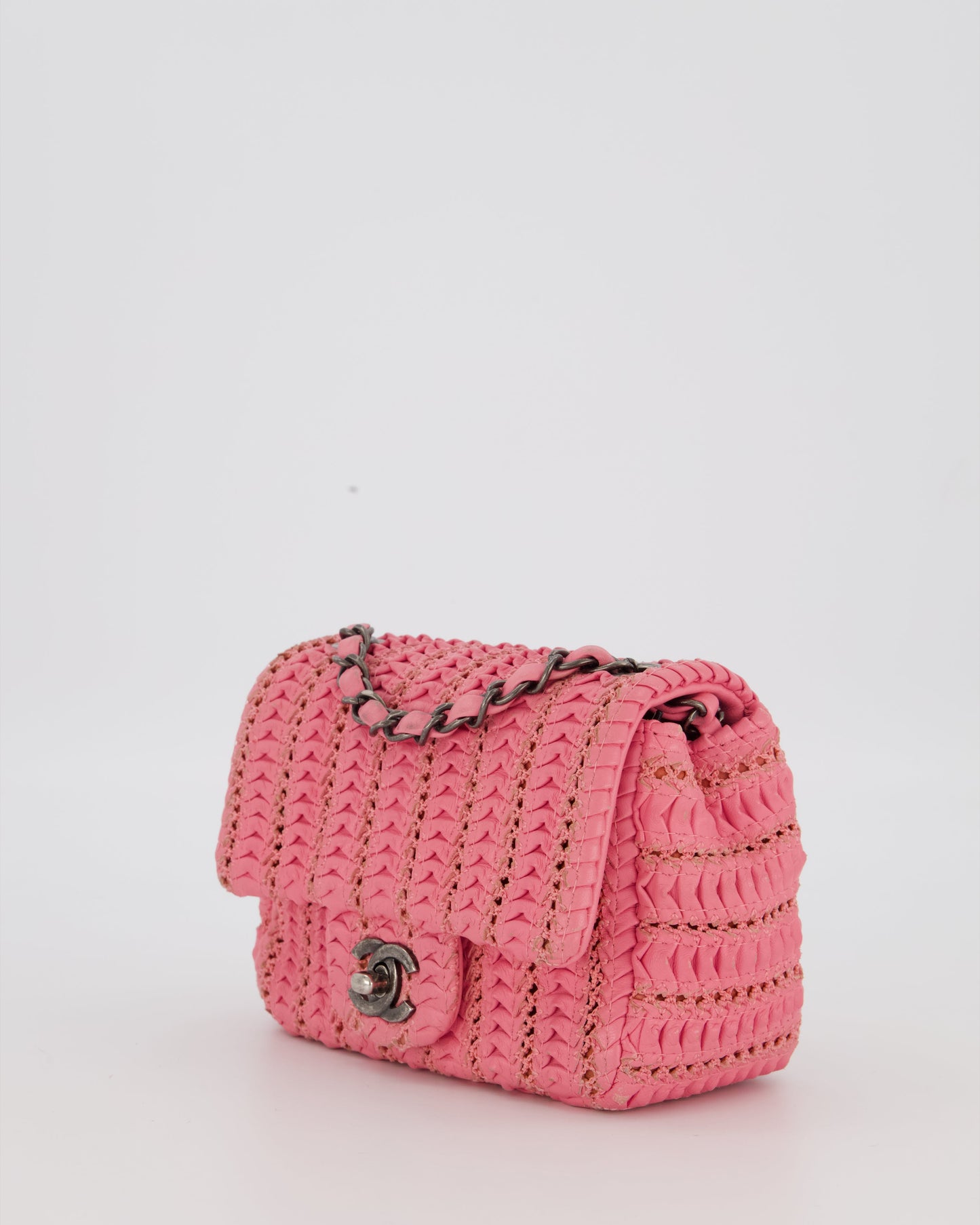 Chanel Pink Crochet Lambskin Leather Mini Rectangular Single Flap Bag with Gun Metal Hardware