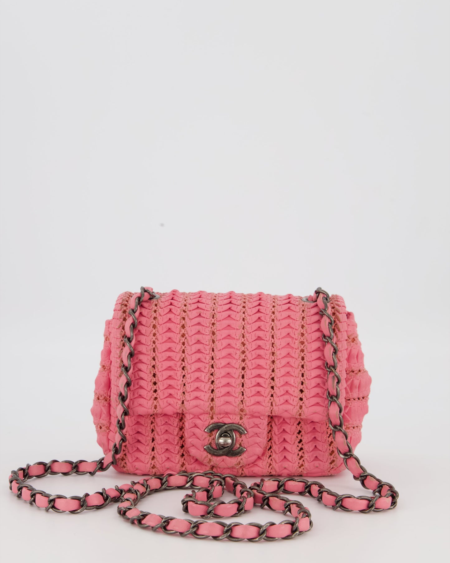 Chanel Pink Crochet Lambskin Leather Mini Rectangular Single Flap Bag with Gun Metal Hardware
