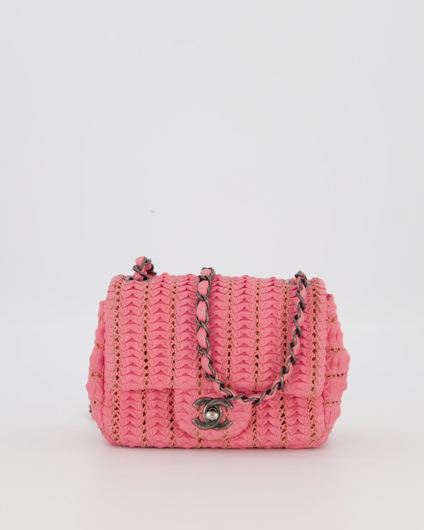 Chanel Pink Crochet Lambskin Leather Mini Rectangular Single Flap Bag with Gun Metal Hardware