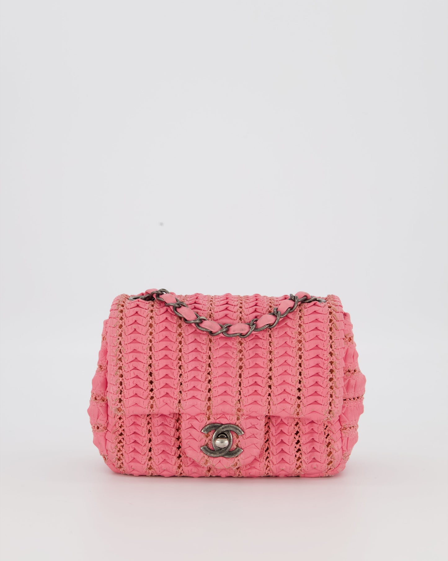 Chanel Pink Crochet Lambskin Leather Mini Rectangular Single Flap Bag with Gun Metal Hardware