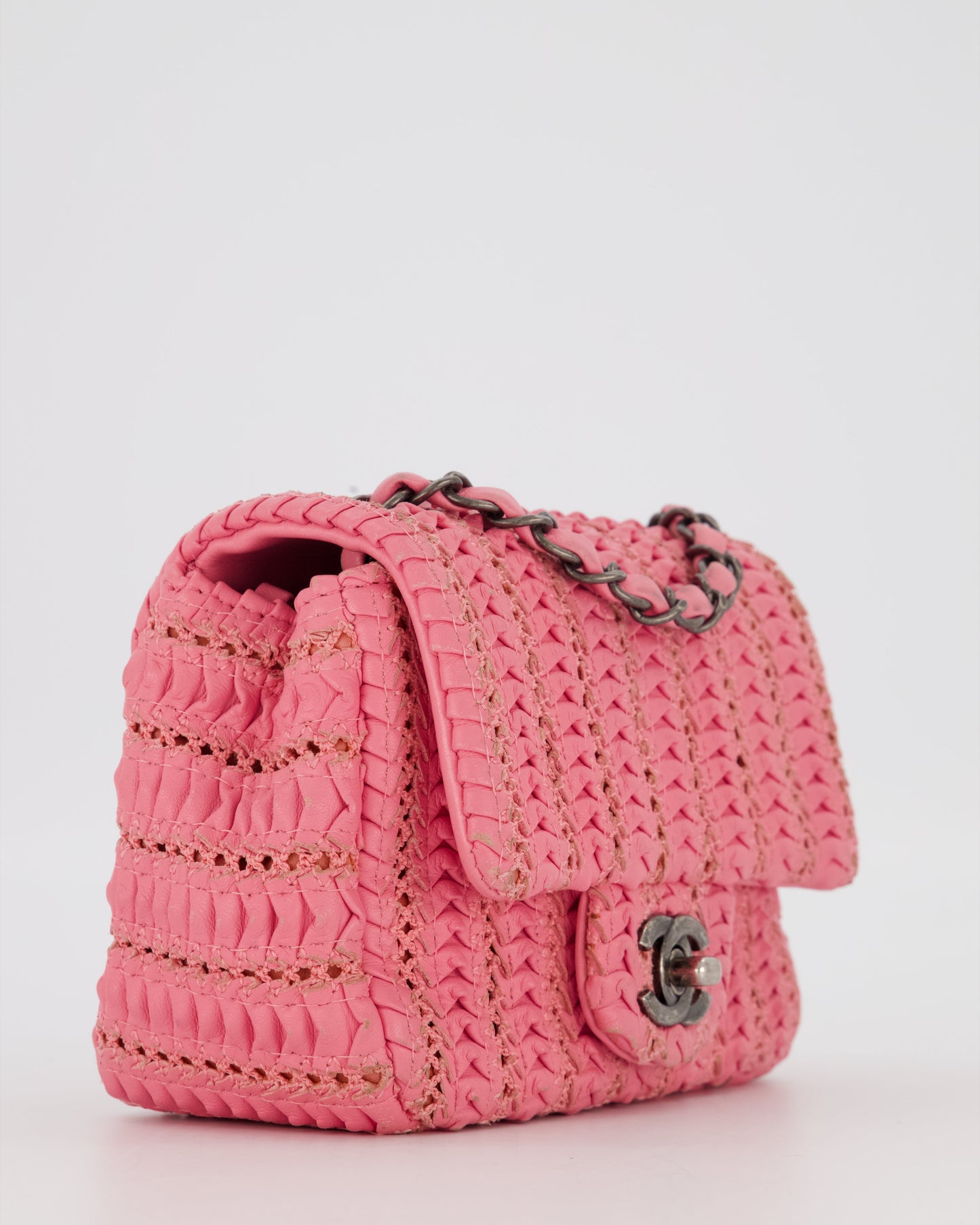Chanel Pink Crochet Lambskin Leather Mini Rectangular Single Flap Bag with Gun Metal Hardware