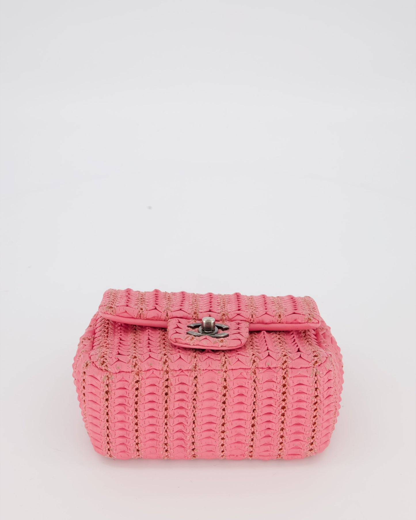 Chanel Pink Crochet Lambskin Leather Mini Rectangular Single Flap Bag with Gun Metal Hardware
