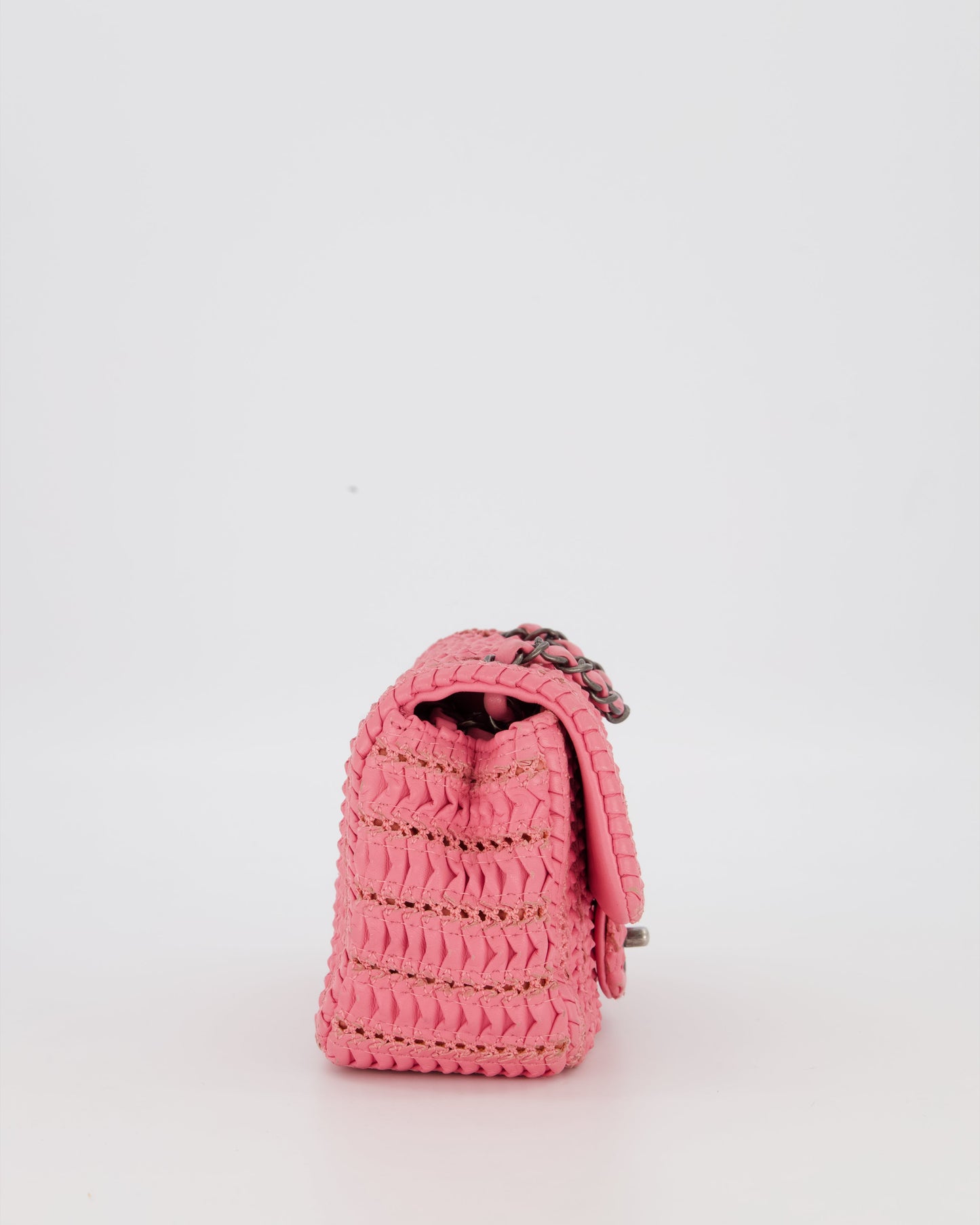 Chanel Pink Crochet Lambskin Leather Mini Rectangular Single Flap Bag with Gun Metal Hardware