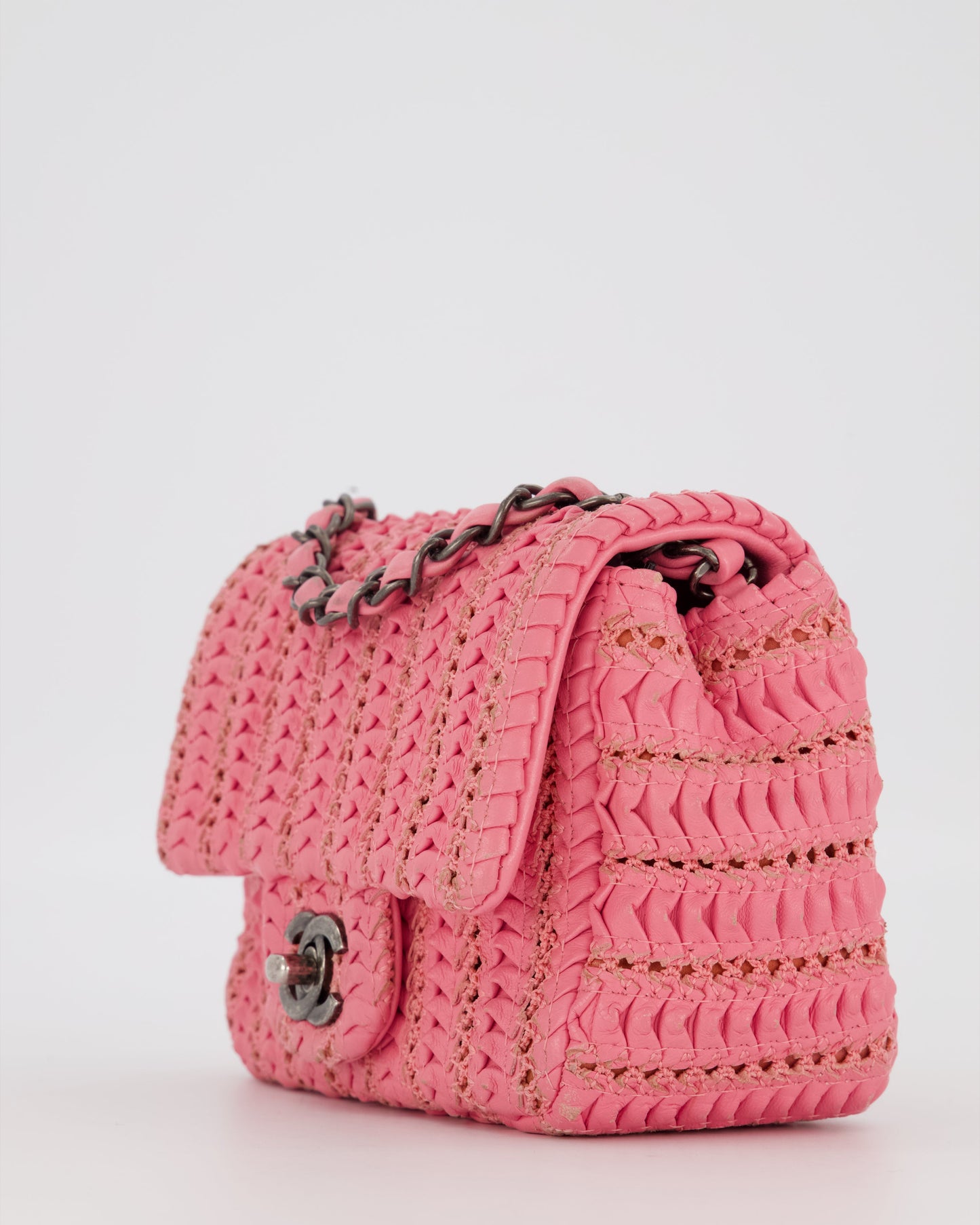 Chanel Pink Crochet Lambskin Leather Mini Rectangular Single Flap Bag with Gun Metal Hardware