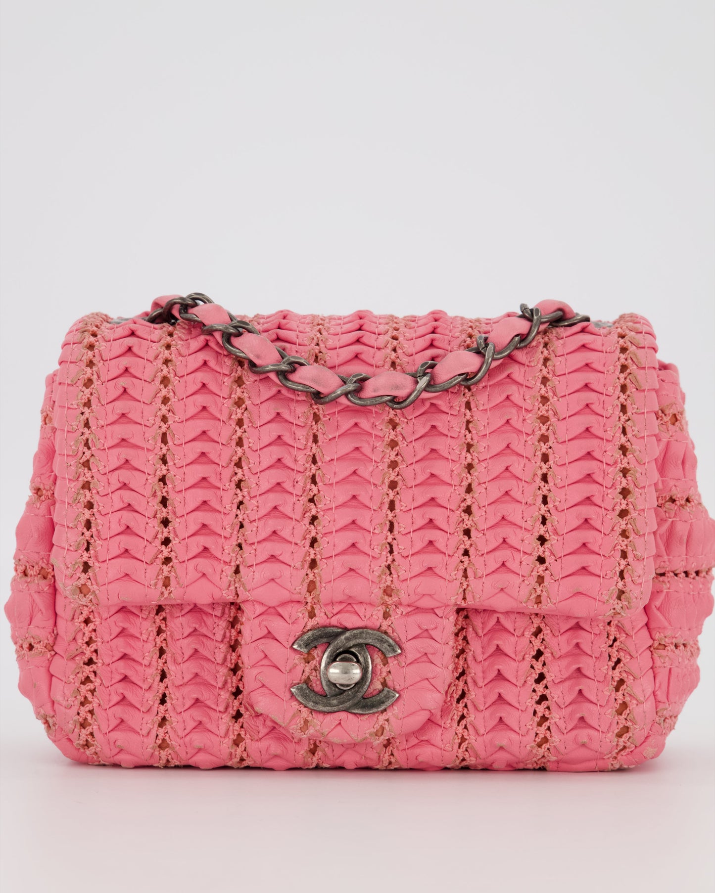 Chanel Pink Crochet Lambskin Leather Mini Rectangular Single Flap Bag with Gun Metal Hardware