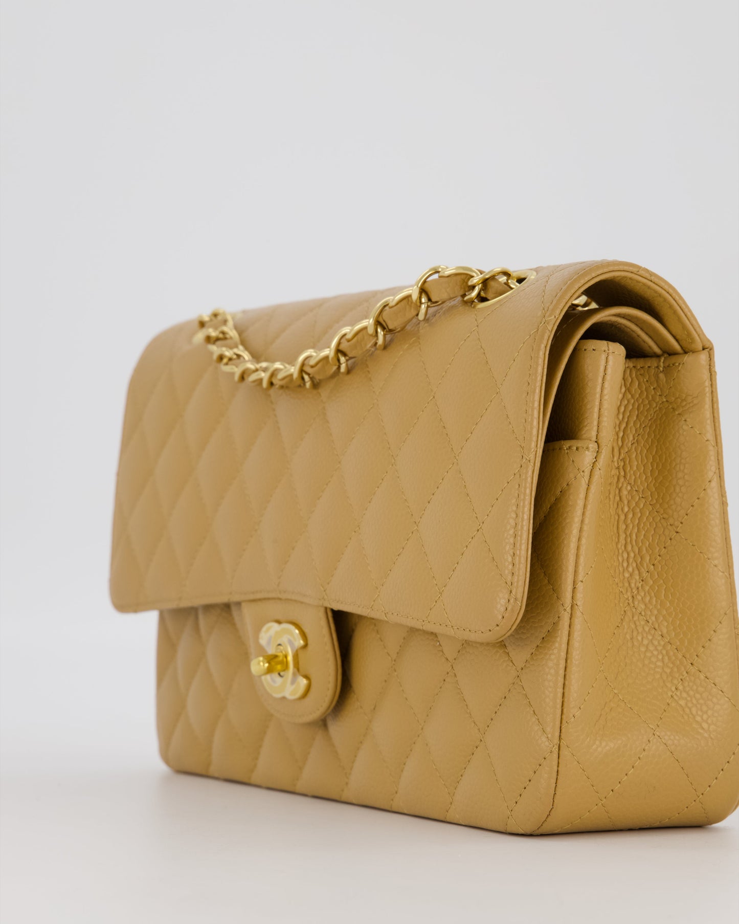 Chanel Chai Latte Medium Classic Double Flap Bag in Caviar Leather with 24K Gold Hardware
