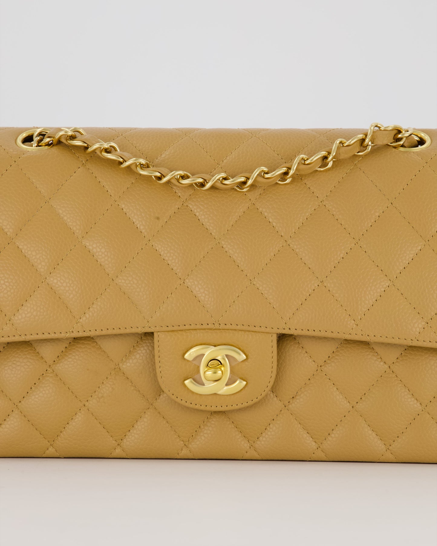 Chanel Chai Latte Medium Classic Double Flap Bag in Caviar Leather with 24K Gold Hardware