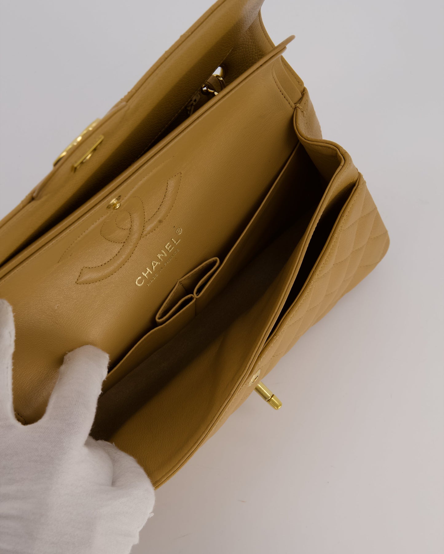 Chanel Chai Latte Medium Classic Double Flap Bag in Caviar Leather with 24K Gold Hardware