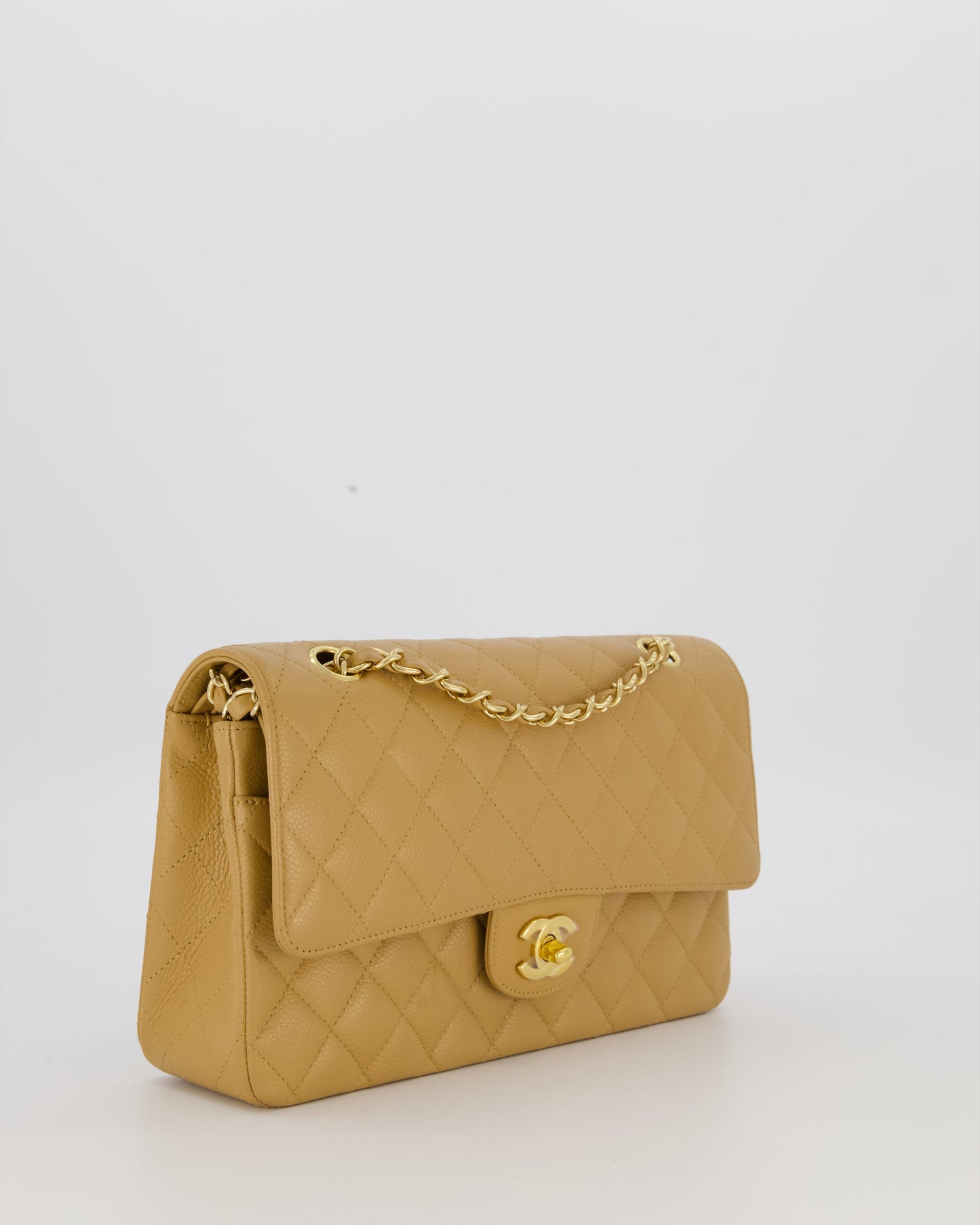 Chanel Chai Latte Medium Classic Double Flap Bag in Caviar Leather with 24K Gold Hardware