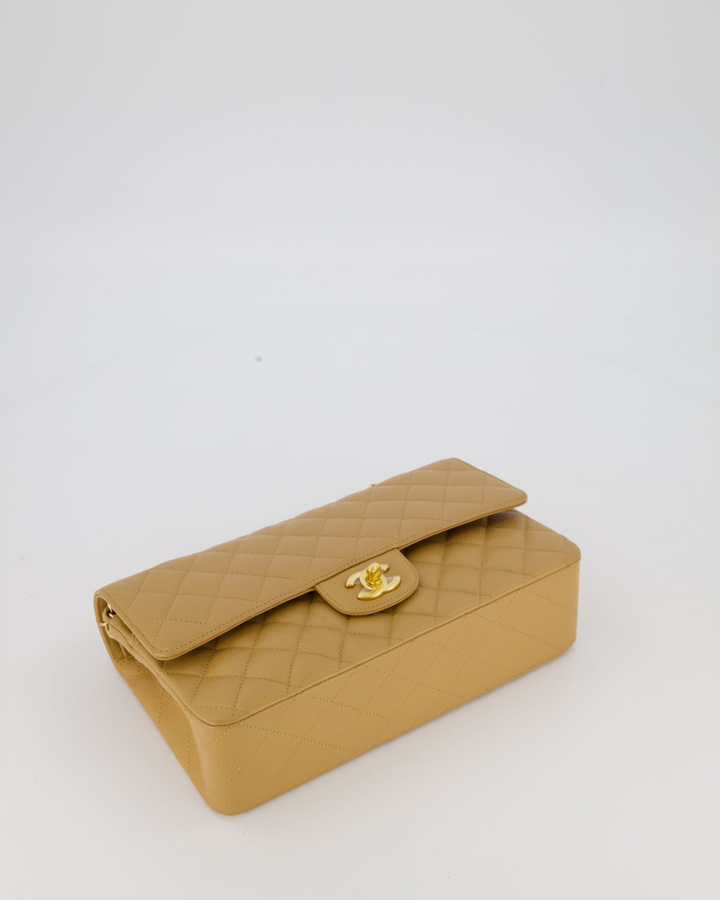 Chanel Chai Latte Medium Classic Double Flap Bag in Caviar Leather with 24K Gold Hardware