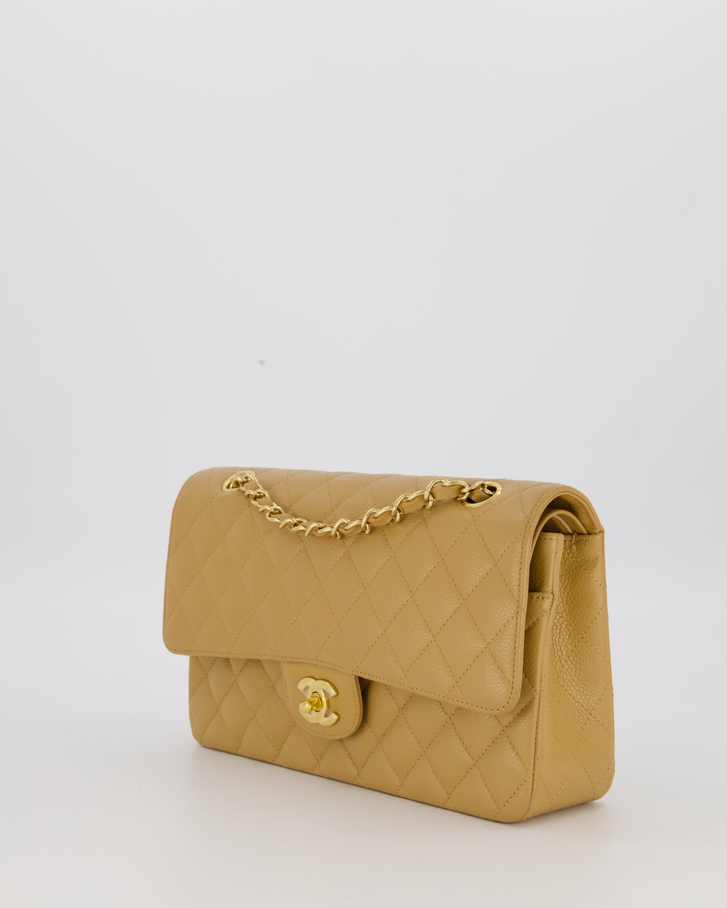 Chanel Chai Latte Medium Classic Double Flap Bag in Caviar Leather with 24K Gold Hardware