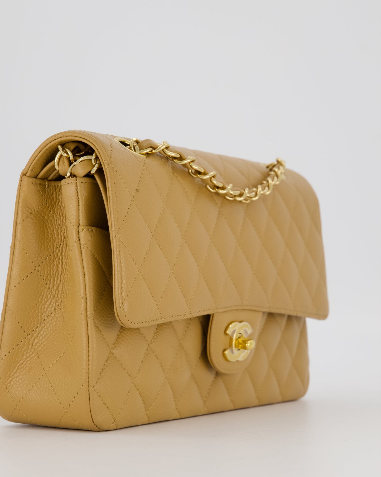 Chanel Chai Latte Medium Classic Double Flap Bag in Caviar Leather with 24K Gold Hardware