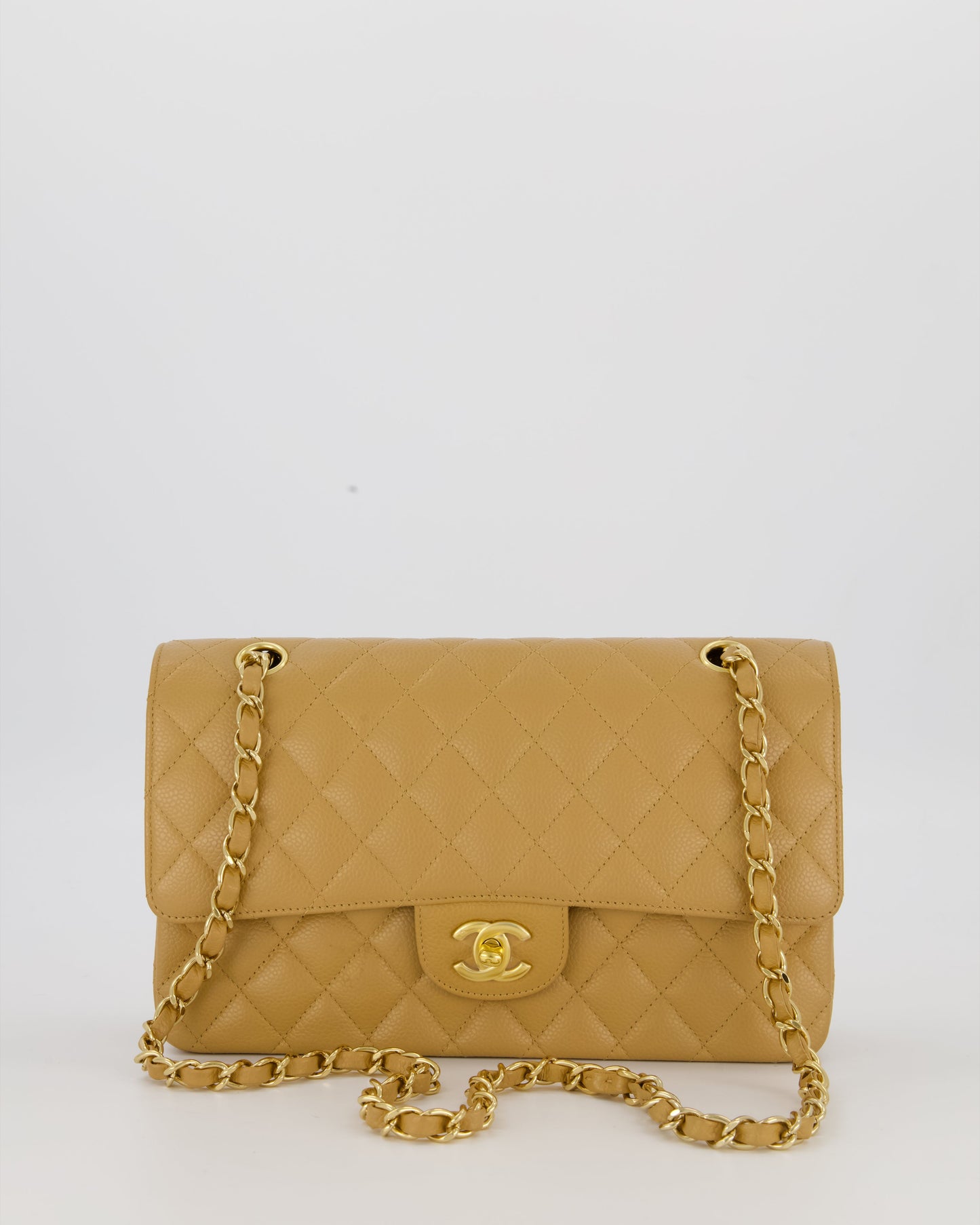Chanel Chai Latte Medium Classic Double Flap Bag in Caviar Leather with 24K Gold Hardware