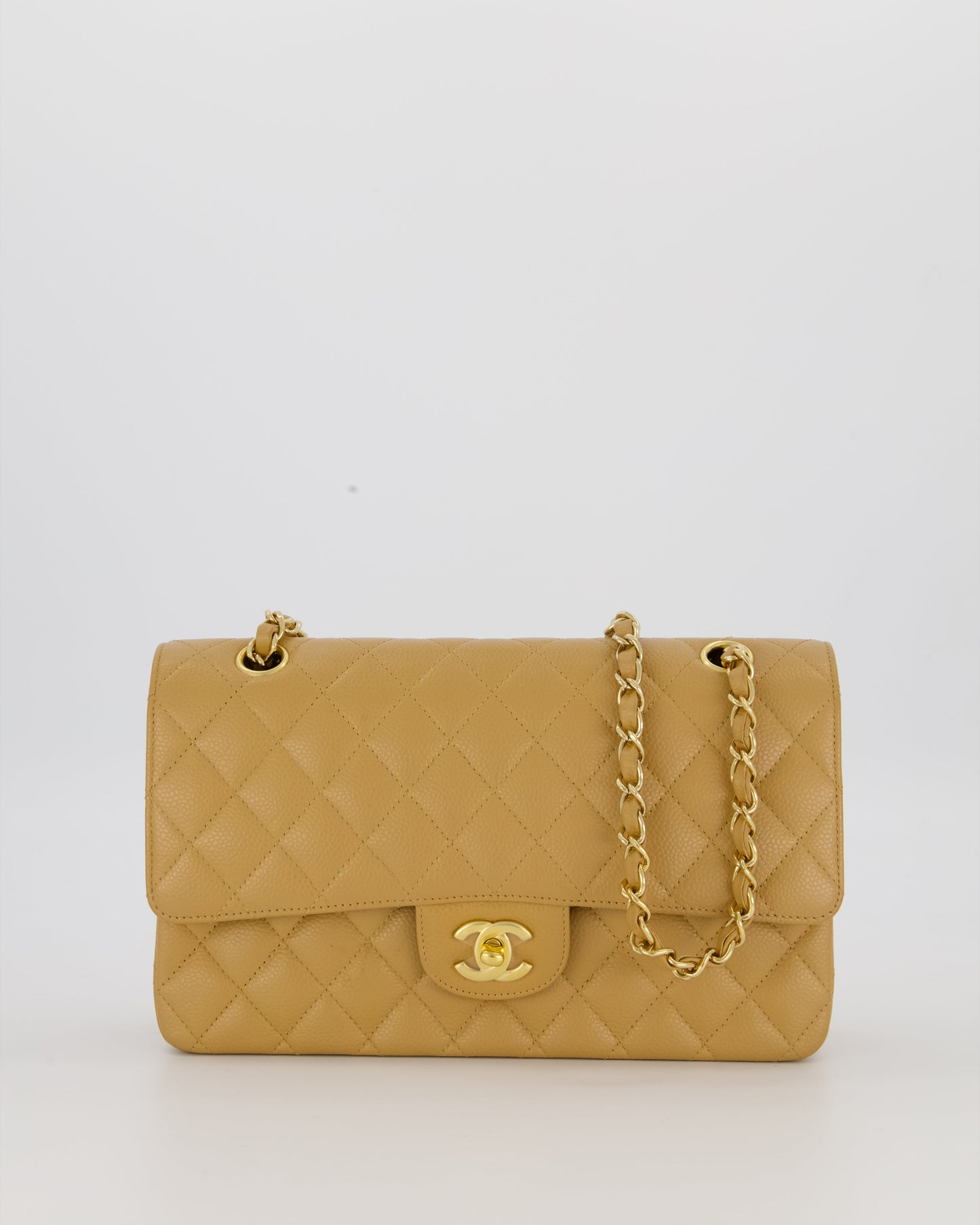 Chanel Chai Latte Medium Classic Double Flap Bag in Caviar Leather with 24K Gold Hardware