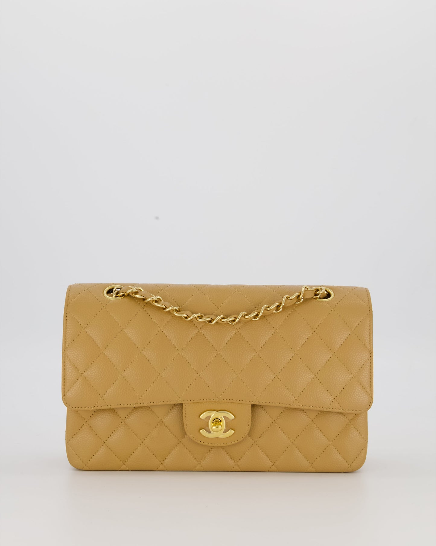 Chanel Chai Latte Medium Classic Double Flap Bag in Caviar Leather with 24K Gold Hardware