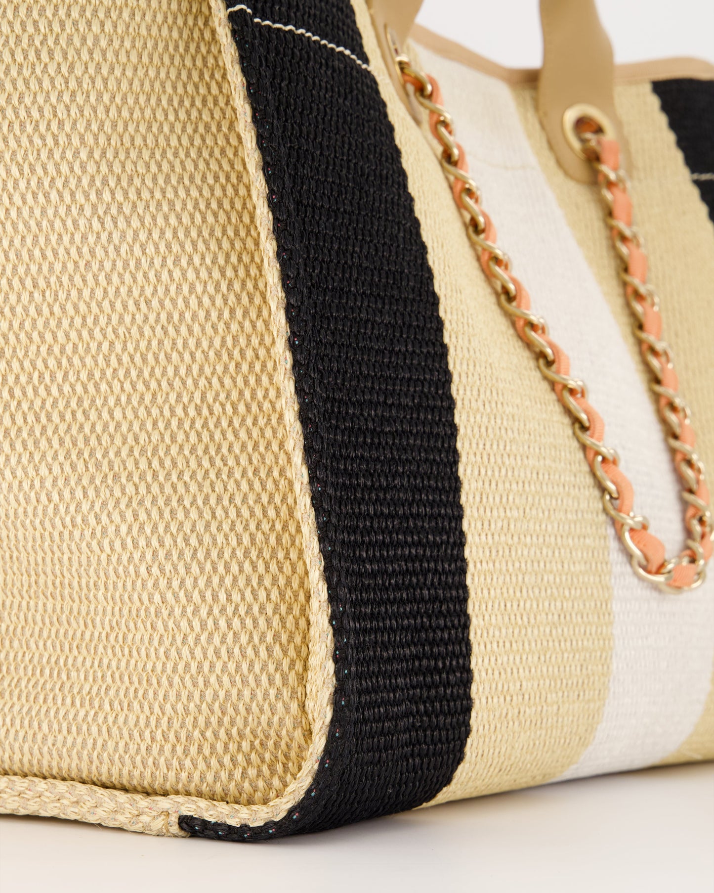 *HOT* Chanel Beige, Black and White Raffia Medium Deauville Tote Bag with Pastel Logo and Champagne Gold Hardware