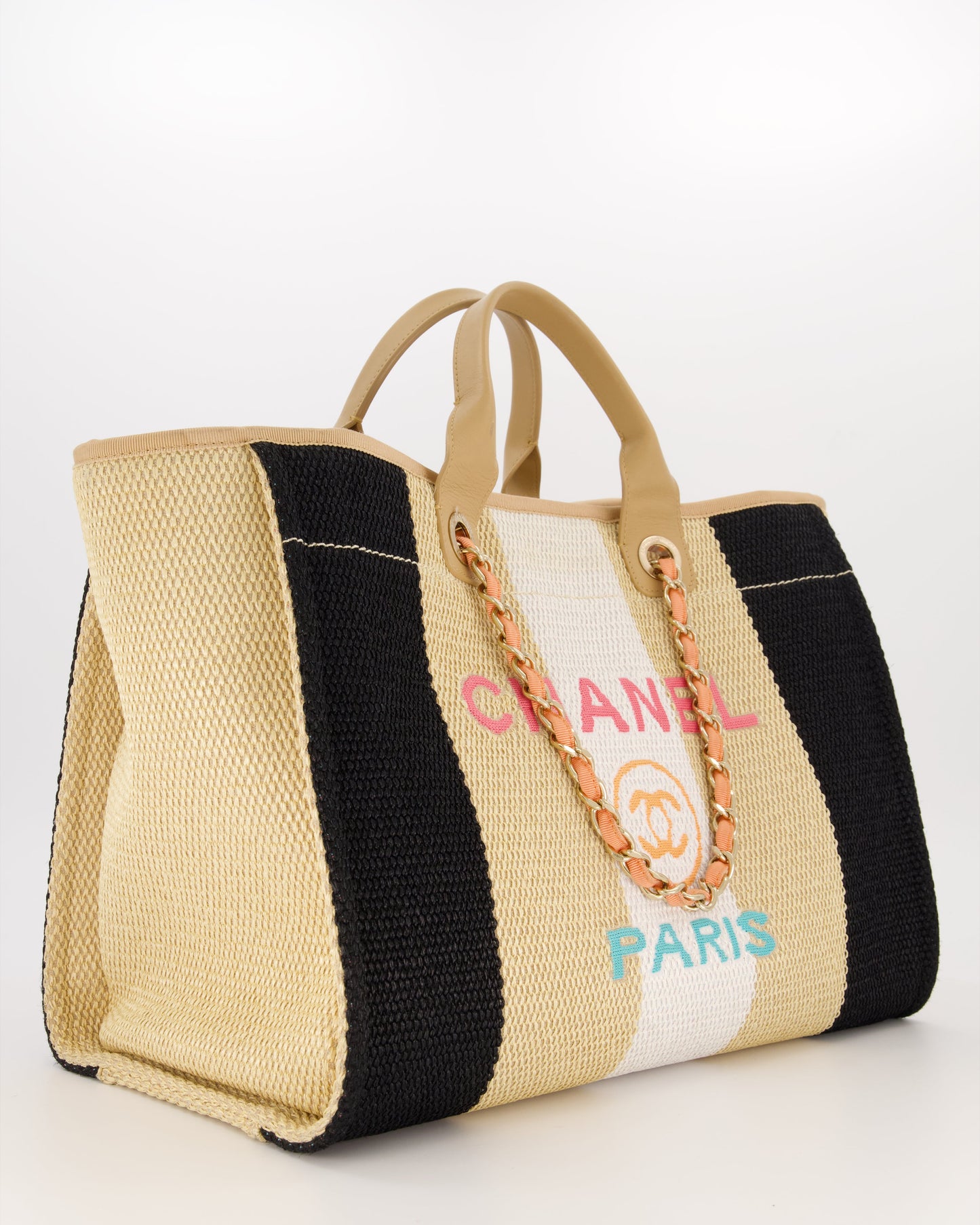 *HOT* Chanel Beige, Black and White Raffia Medium Deauville Tote Bag with Pastel Logo and Champagne Gold Hardware