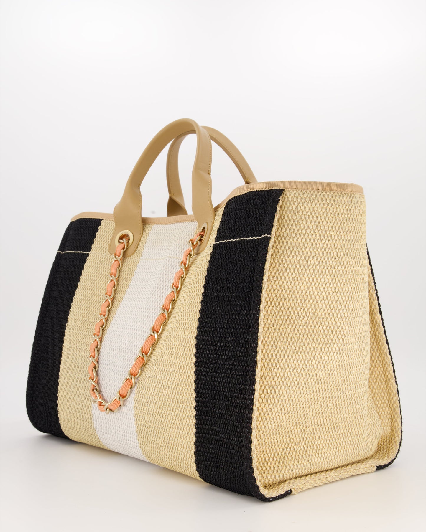 *HOT* Chanel Beige, Black and White Raffia Medium Deauville Tote Bag with Pastel Logo and Champagne Gold Hardware