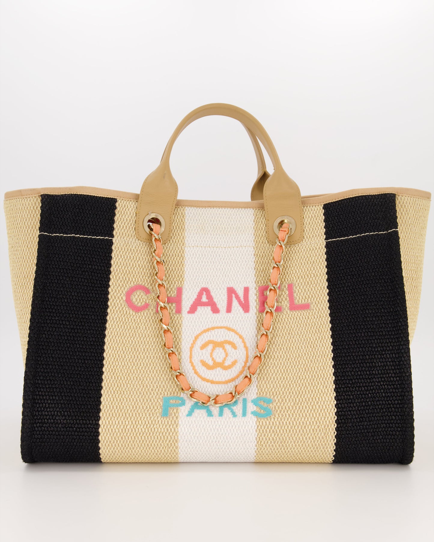 *HOT* Chanel Beige, Black and White Raffia Medium Deauville Tote Bag with Pastel Logo and Champagne Gold Hardware