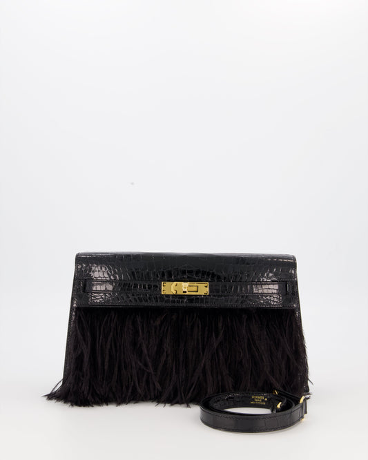*EXTRA RARE* Hermès Kelly Elan Folie Bag in Noir Crocodile Porosus Lisse Leather, Noir Plumes with Gold Hardware