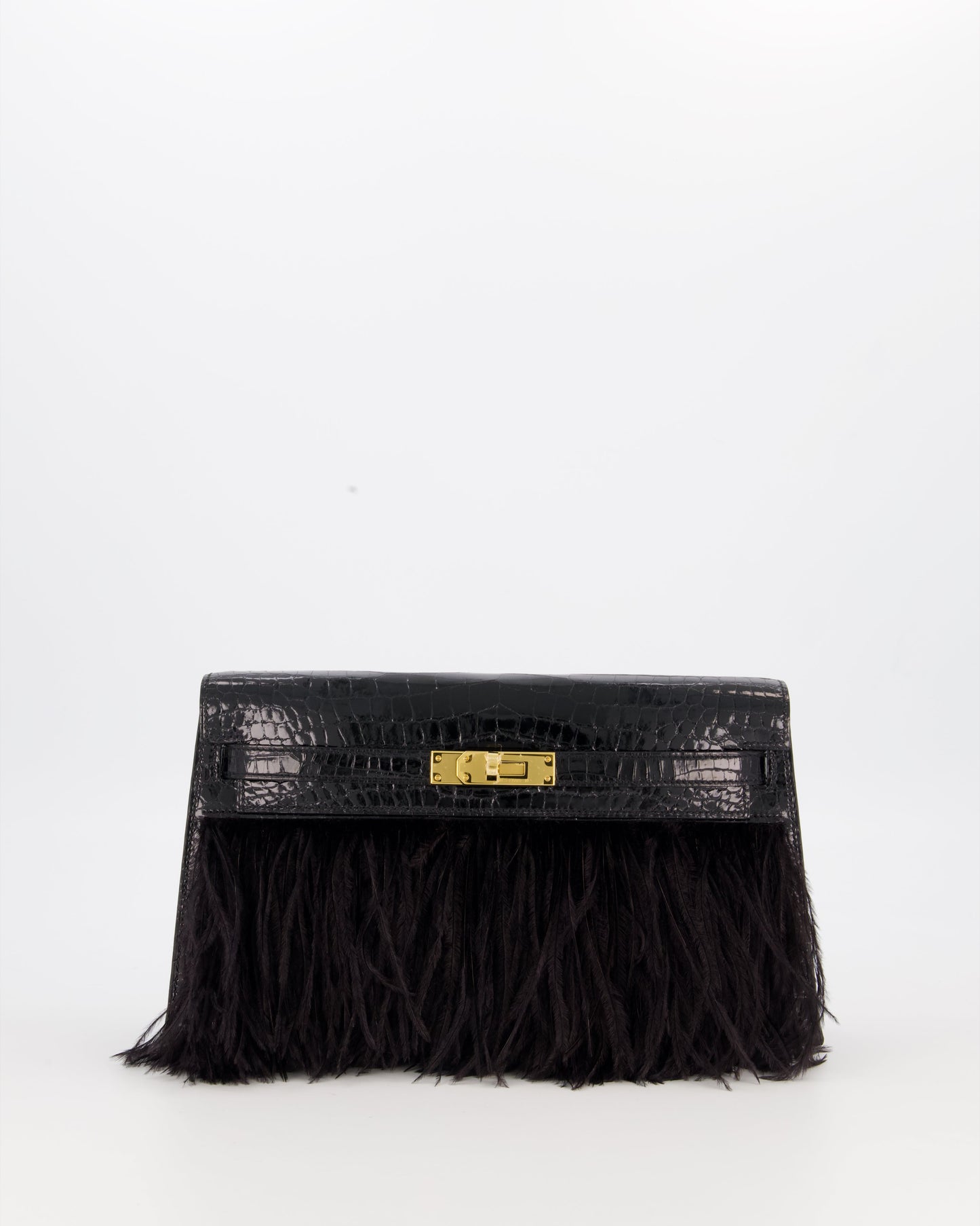 *EXTRA RARE* Hermès Kelly Elan Folie Bag in Noir Crocodile Porosus Lisse Leather, Noir Plumes with Gold Hardware