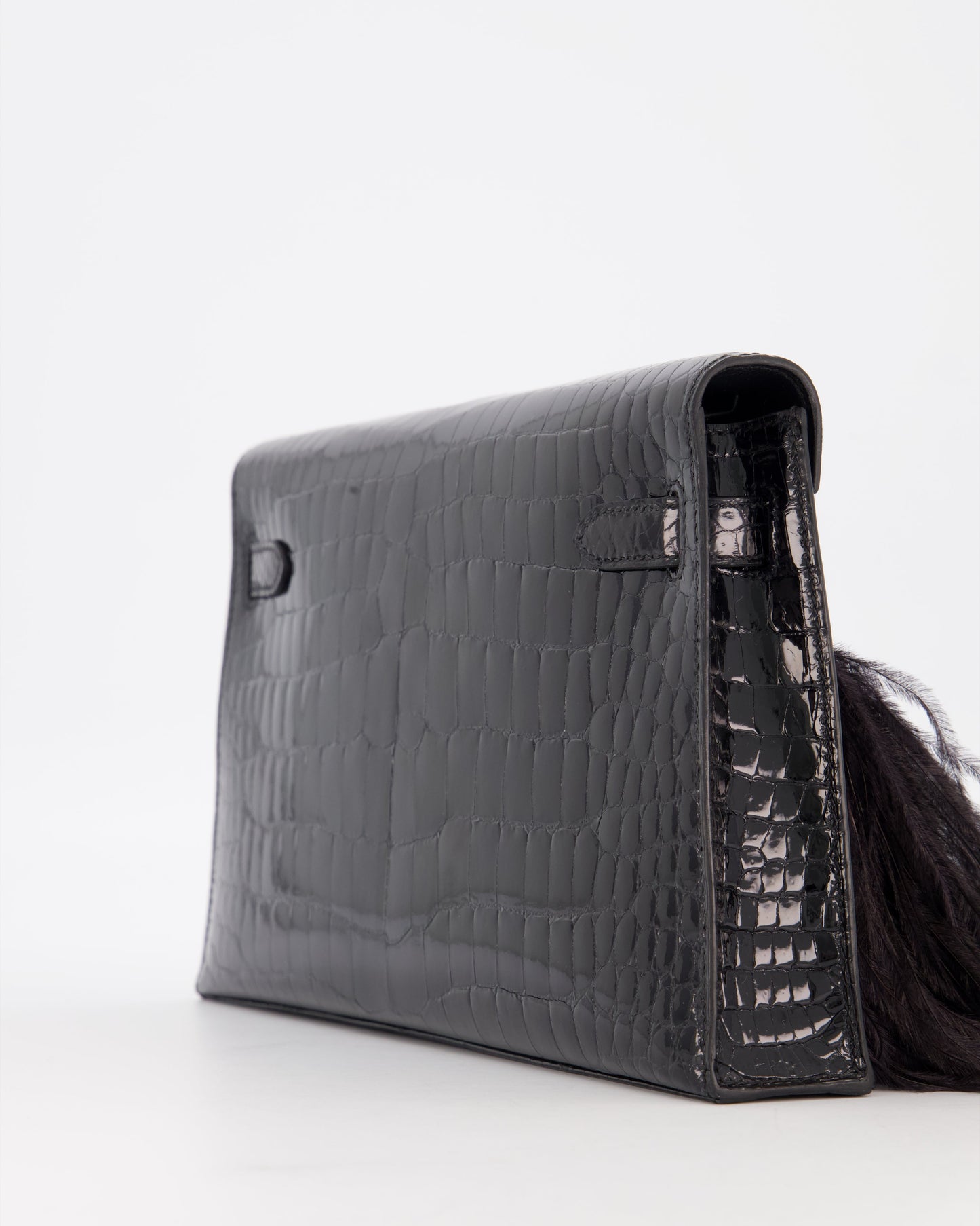 *EXTRA RARE* Hermès Kelly Elan Folie Bag in Noir Crocodile Porosus Lisse Leather, Noir Plumes with Gold Hardware