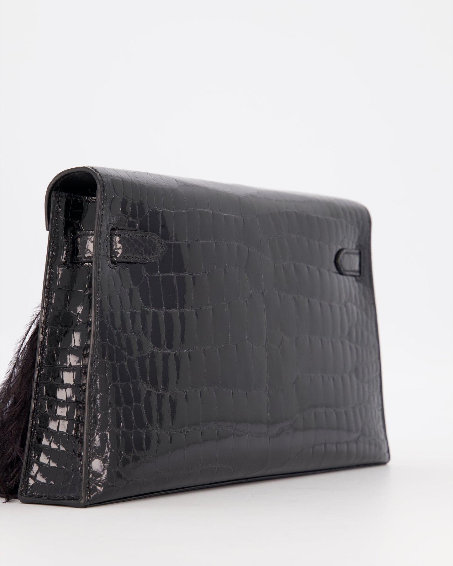 *EXTRA RARE* Hermès Kelly Elan Folie Bag in Noir Crocodile Porosus Lisse Leather, Noir Plumes with Gold Hardware