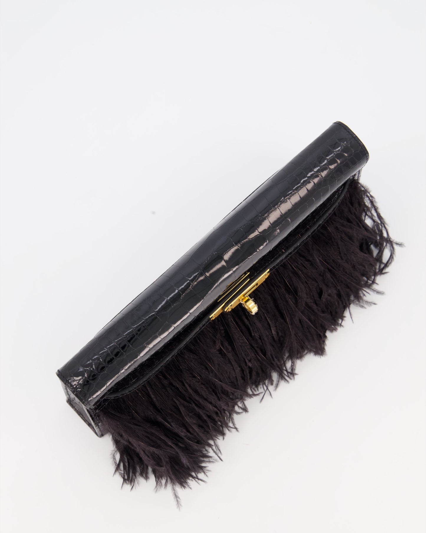 *EXTRA RARE* Hermès Kelly Elan Folie Bag in Noir Crocodile Porosus Lisse Leather, Noir Plumes with Gold Hardware
