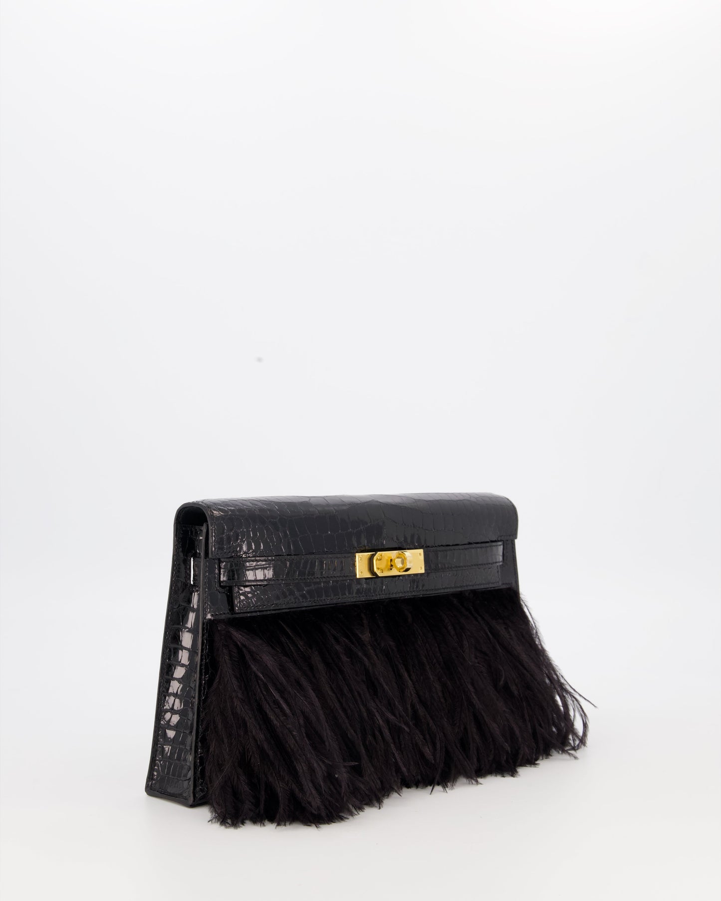 *EXTRA RARE* Hermès Kelly Elan Folie Bag in Noir Crocodile Porosus Lisse Leather, Noir Plumes with Gold Hardware