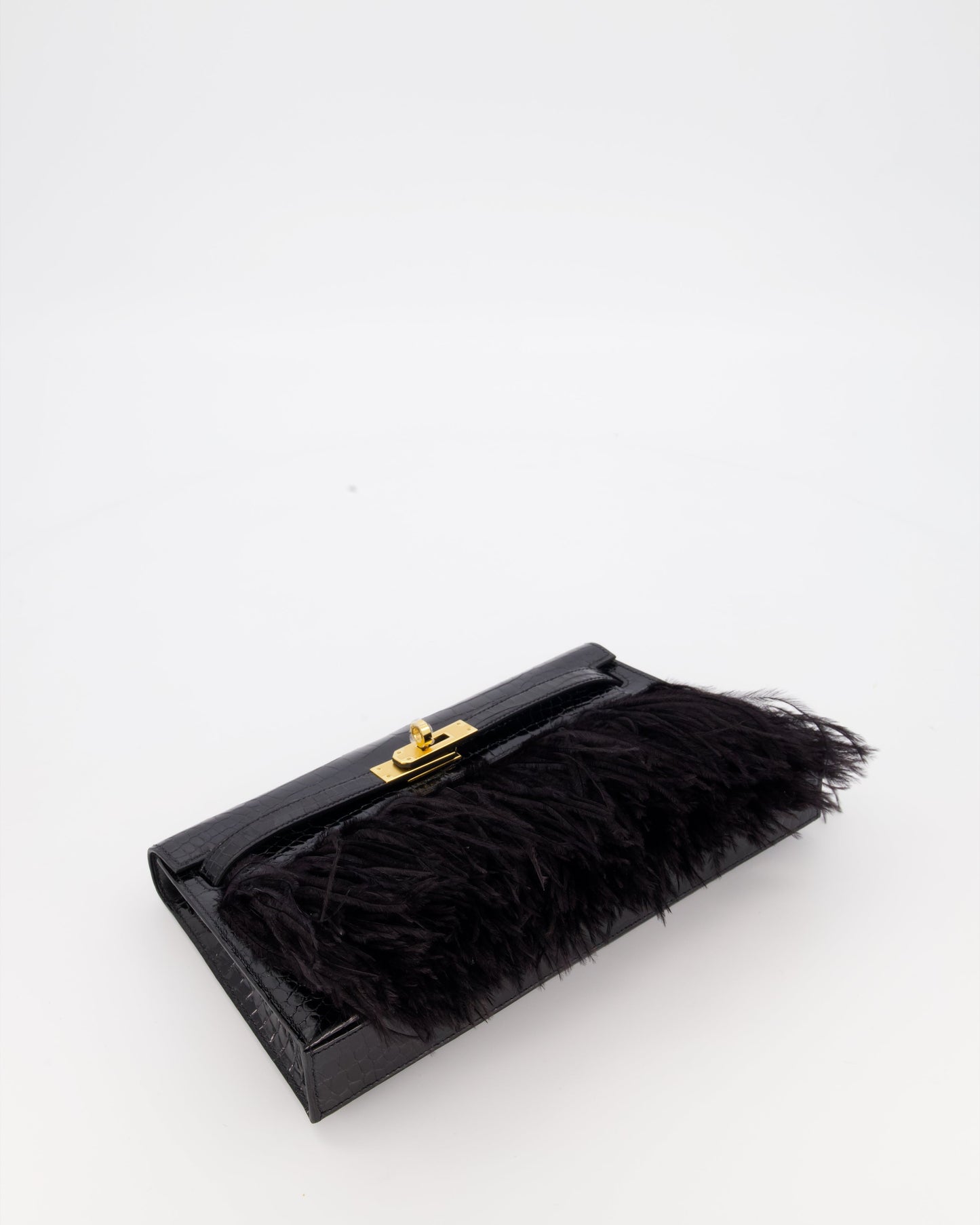 *EXTRA RARE* Hermès Kelly Elan Folie Bag in Noir Crocodile Porosus Lisse Leather, Noir Plumes with Gold Hardware