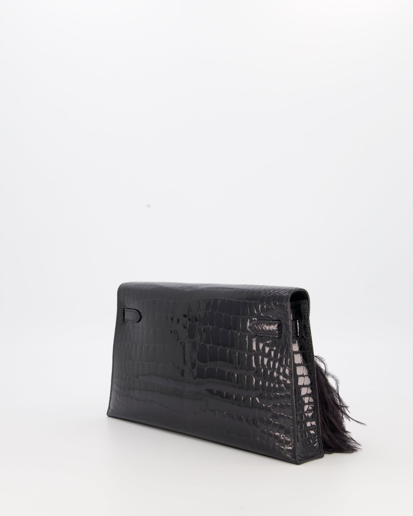 *EXTRA RARE* Hermès Kelly Elan Folie Bag in Noir Crocodile Porosus Lisse Leather, Noir Plumes with Gold Hardware