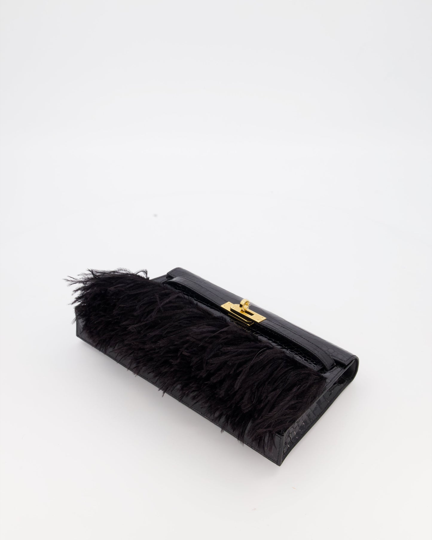 *EXTRA RARE* Hermès Kelly Elan Folie Bag in Noir Crocodile Porosus Lisse Leather, Noir Plumes with Gold Hardware