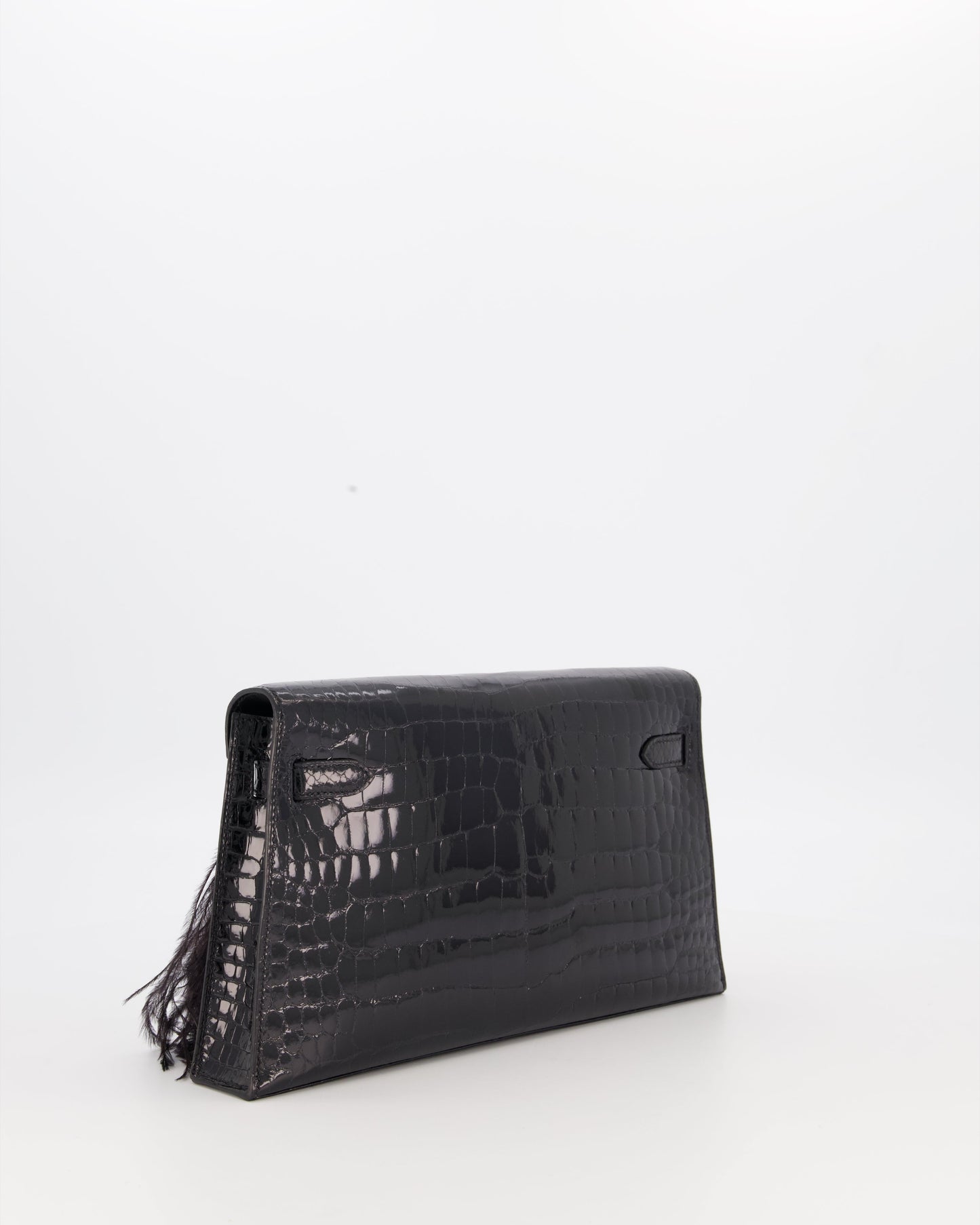 *EXTRA RARE* Hermès Kelly Elan Folie Bag in Noir Crocodile Porosus Lisse Leather, Noir Plumes with Gold Hardware