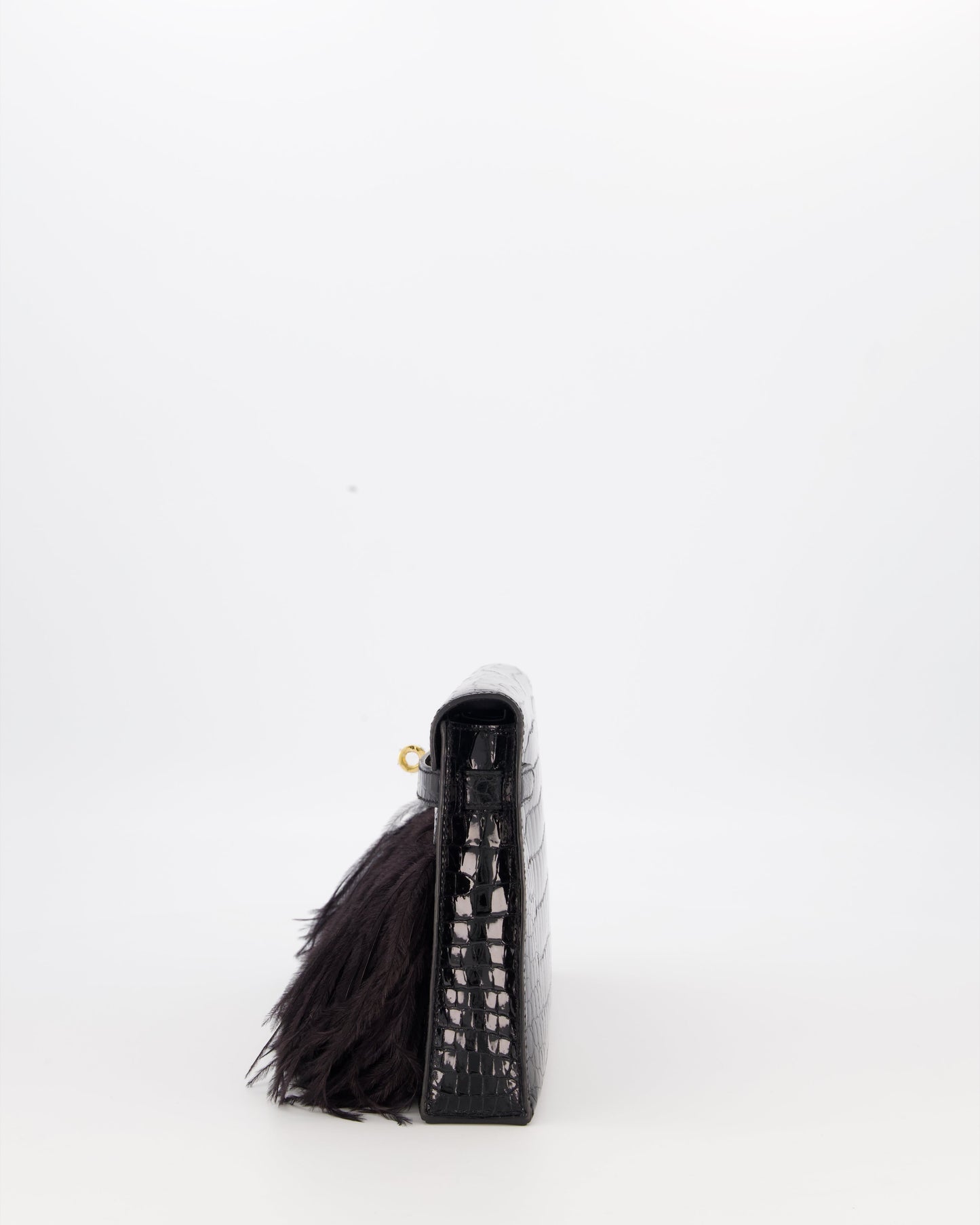 *EXTRA RARE* Hermès Kelly Elan Folie Bag in Noir Crocodile Porosus Lisse Leather, Noir Plumes with Gold Hardware