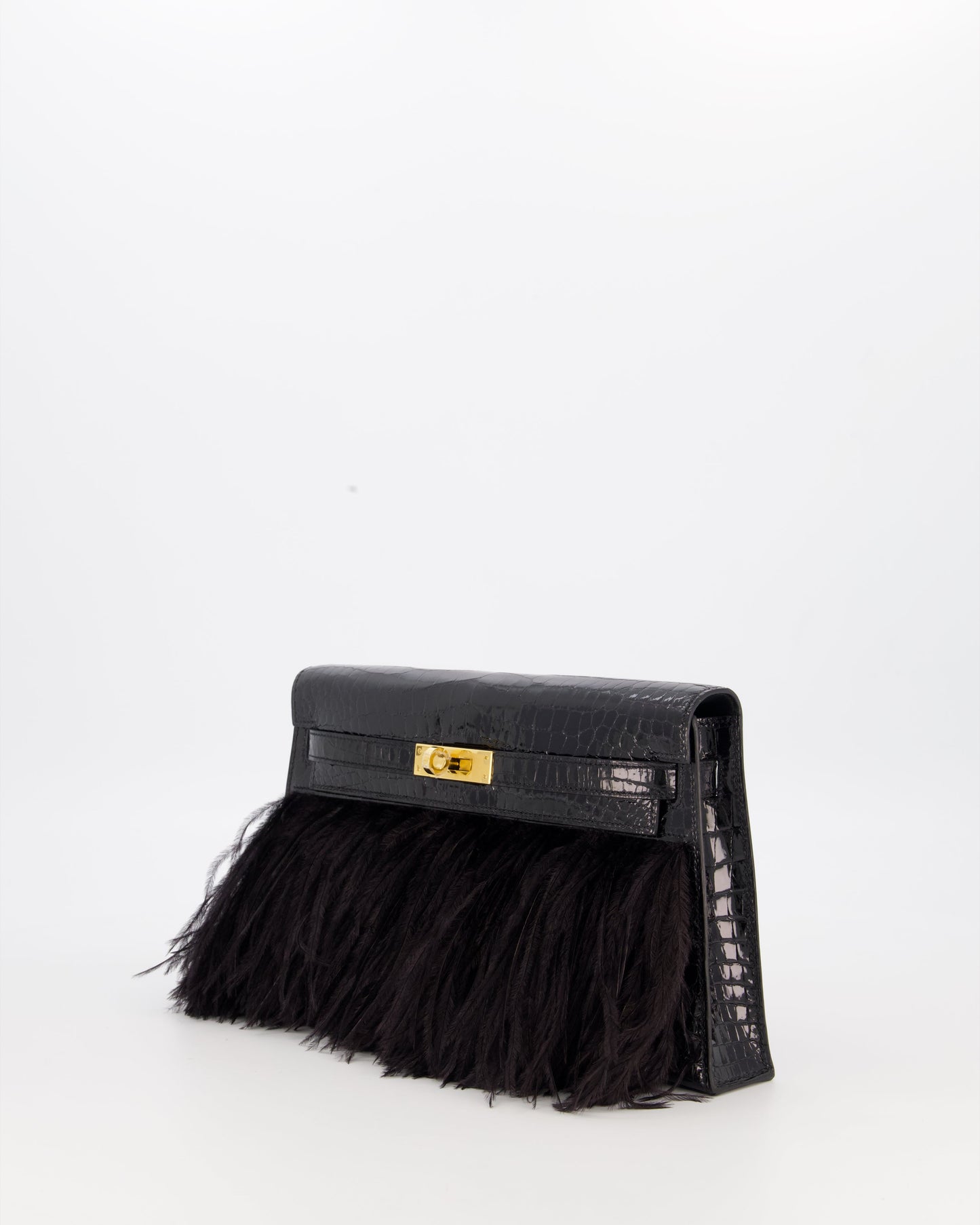 *EXTRA RARE* Hermès Kelly Elan Folie Bag in Noir Crocodile Porosus Lisse Leather, Noir Plumes with Gold Hardware