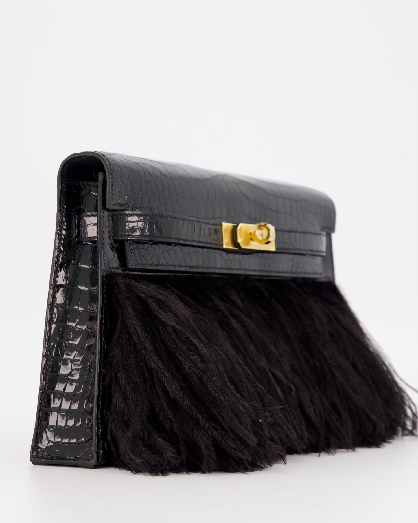 *EXTRA RARE* Hermès Kelly Elan Folie Bag in Noir Crocodile Porosus Lisse Leather, Noir Plumes with Gold Hardware