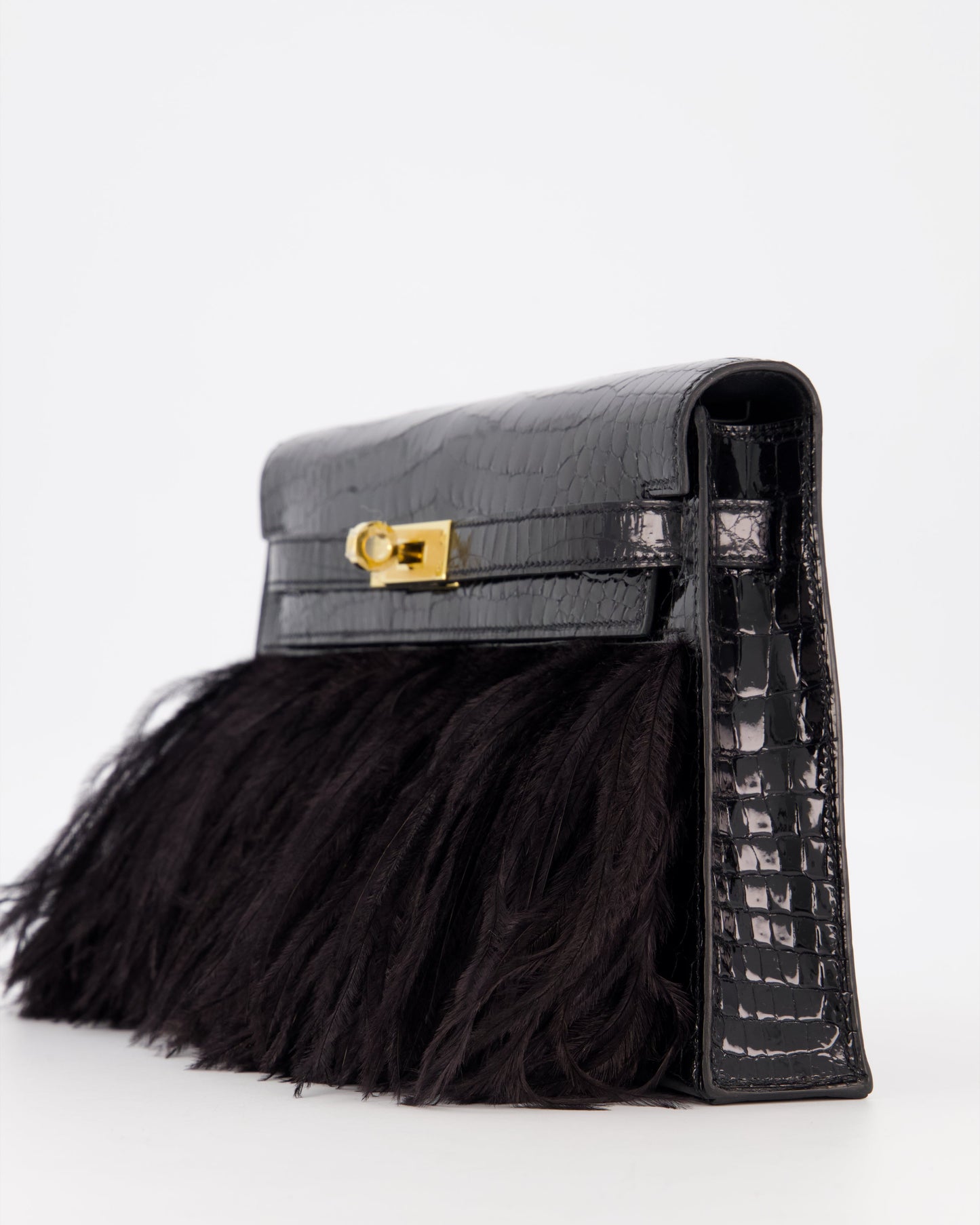 *EXTRA RARE* Hermès Kelly Elan Folie Bag in Noir Crocodile Porosus Lisse Leather, Noir Plumes with Gold Hardware