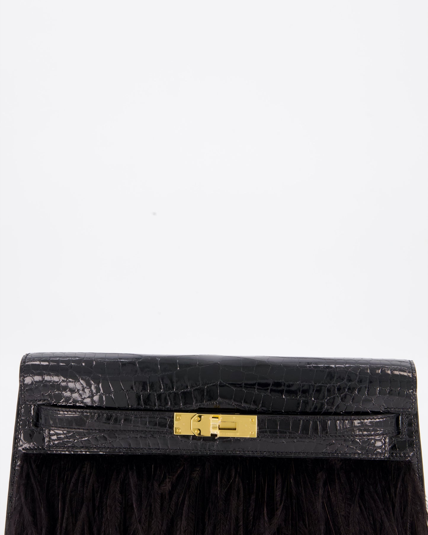 *EXTRA RARE* Hermès Kelly Elan Folie Bag in Noir Crocodile Porosus Lisse Leather, Noir Plumes with Gold Hardware