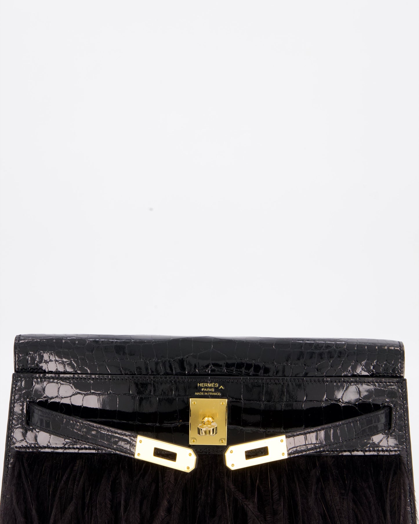 *EXTRA RARE* Hermès Kelly Elan Folie Bag in Noir Crocodile Porosus Lisse Leather, Noir Plumes with Gold Hardware