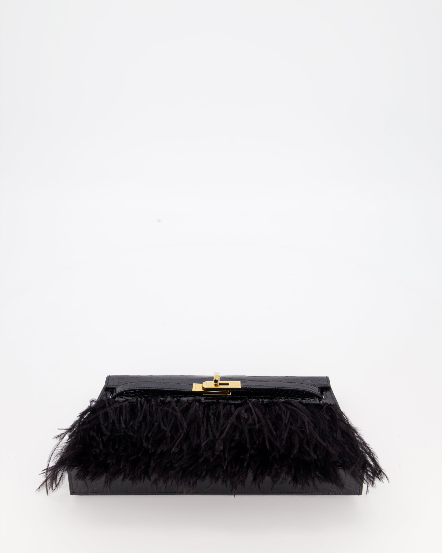 *EXTRA RARE* Hermès Kelly Elan Folie Bag in Noir Crocodile Porosus Lisse Leather, Noir Plumes with Gold Hardware