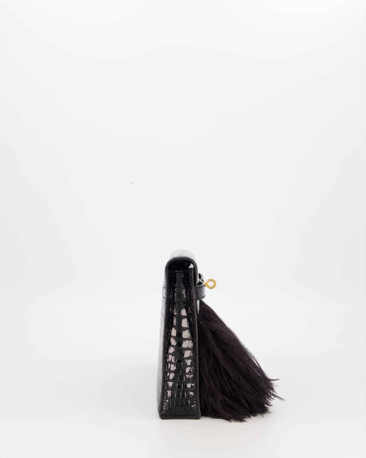 *EXTRA RARE* Hermès Kelly Elan Folie Bag in Noir Crocodile Porosus Lisse Leather, Noir Plumes with Gold Hardware