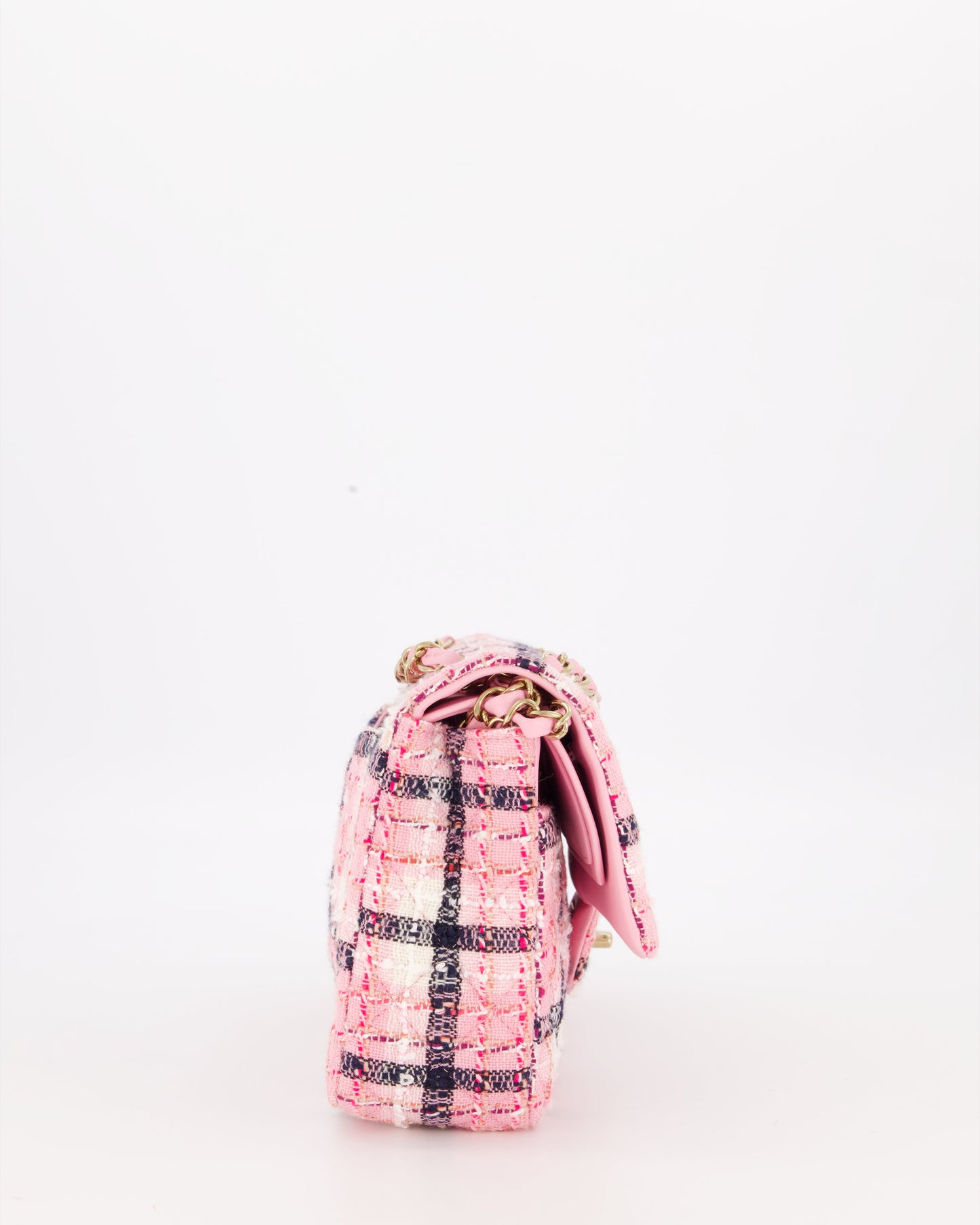 Chanel White, Pink & Black Multicolour Tweed Medium Classic Double Flap Bag with Champagne Gold Hardware