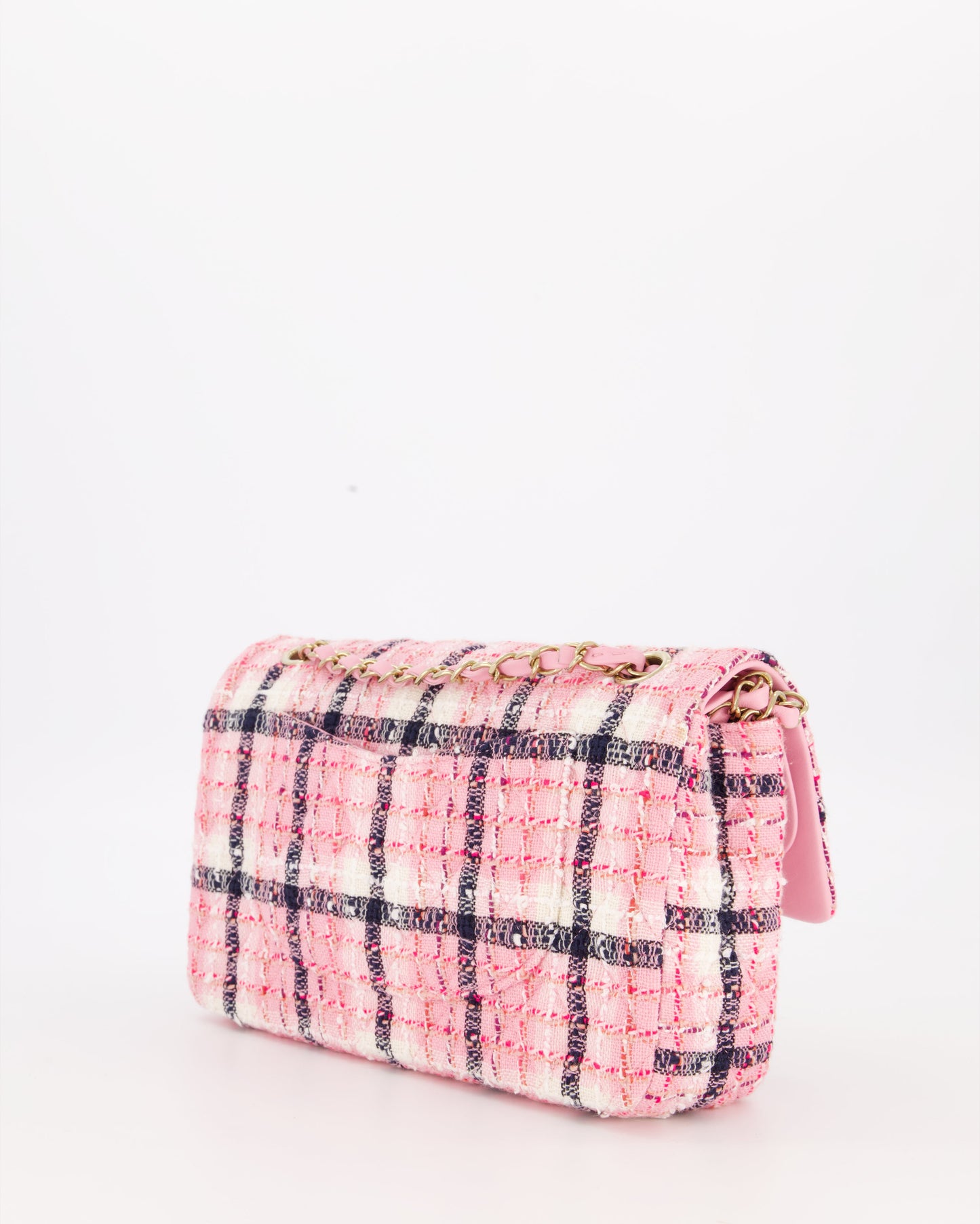 Chanel White, Pink & Black Multicolour Tweed Medium Classic Double Flap Bag with Champagne Gold Hardware