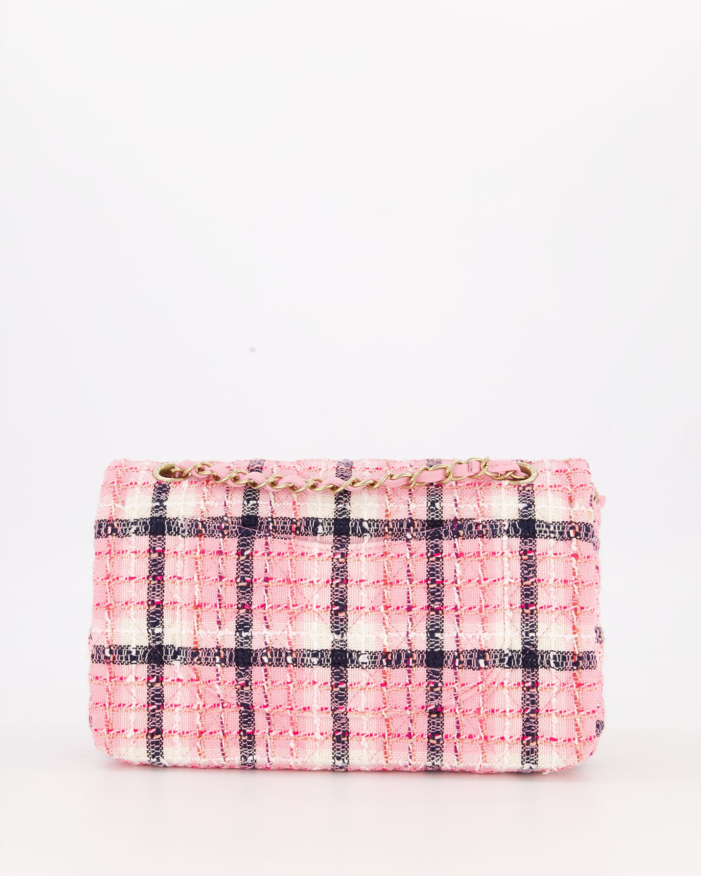Chanel White, Pink & Black Multicolour Tweed Medium Classic Double Flap Bag with Champagne Gold Hardware